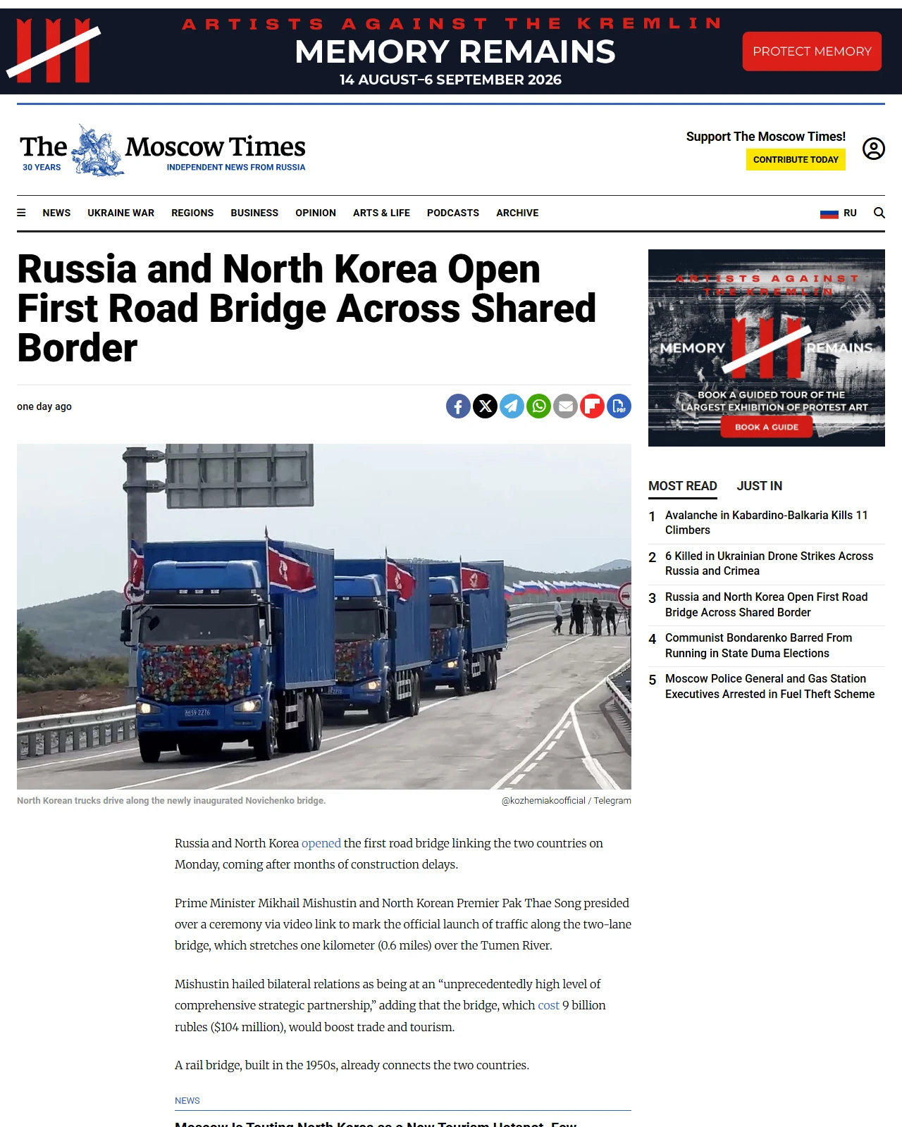 themoscowtimes.com as published: Russia and North Korea Open First Road Bridge Across Shared Border