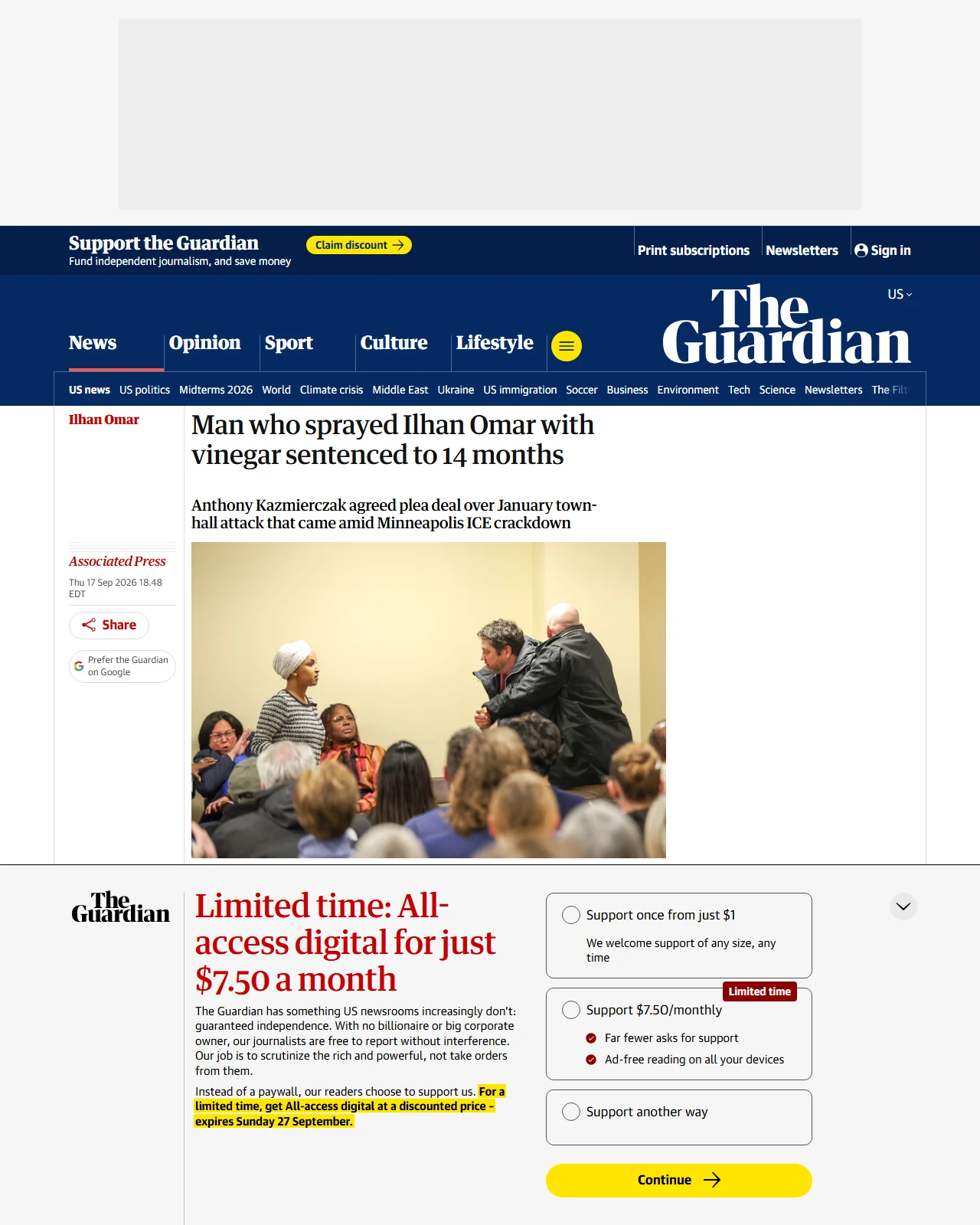 theguardian.com as published: Man who sprayed Ilhan Omar with vinegar sentenced to 14 months