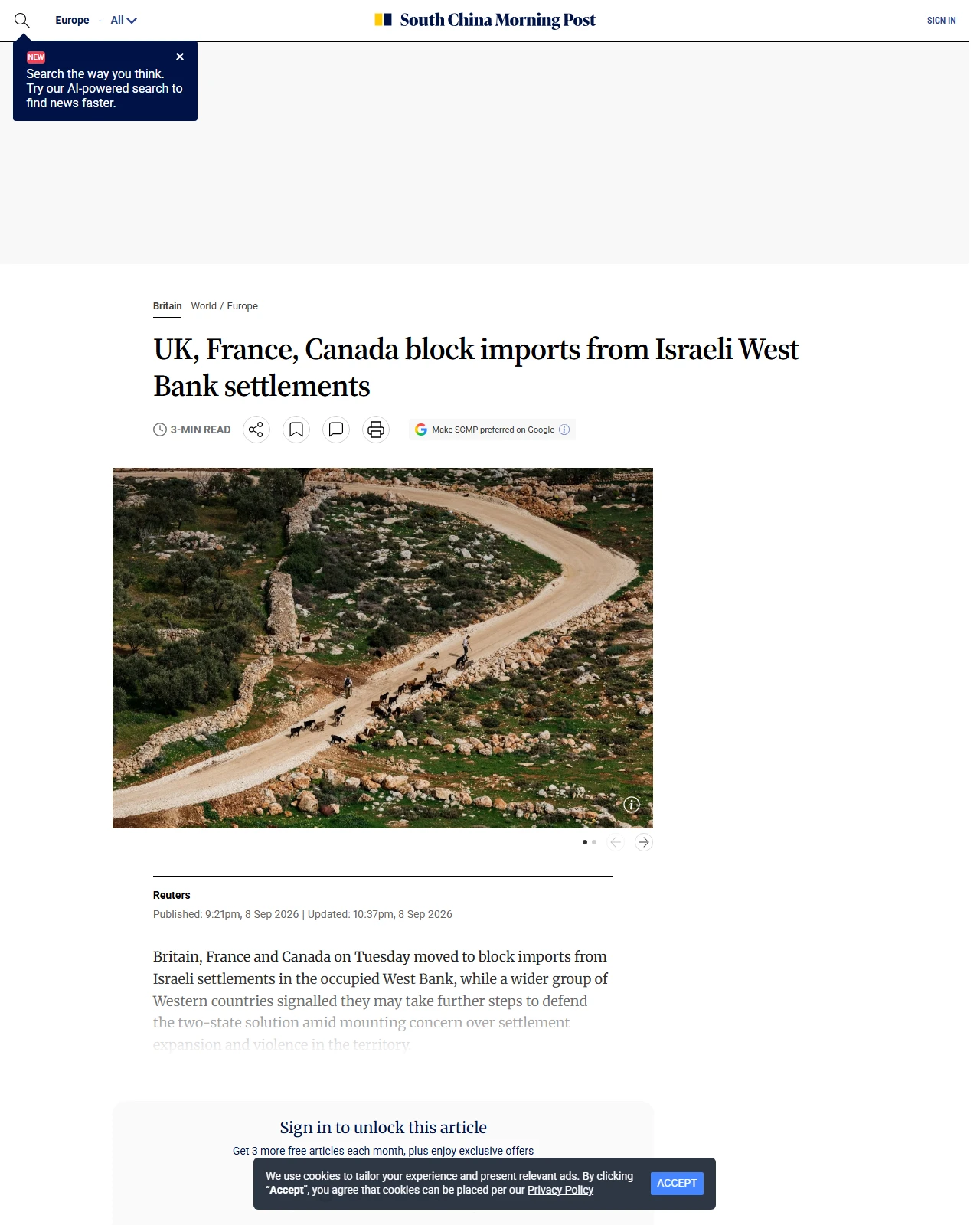 scmp.com as published: UK imposes trade ban on goods from Israeli West Bank settlements