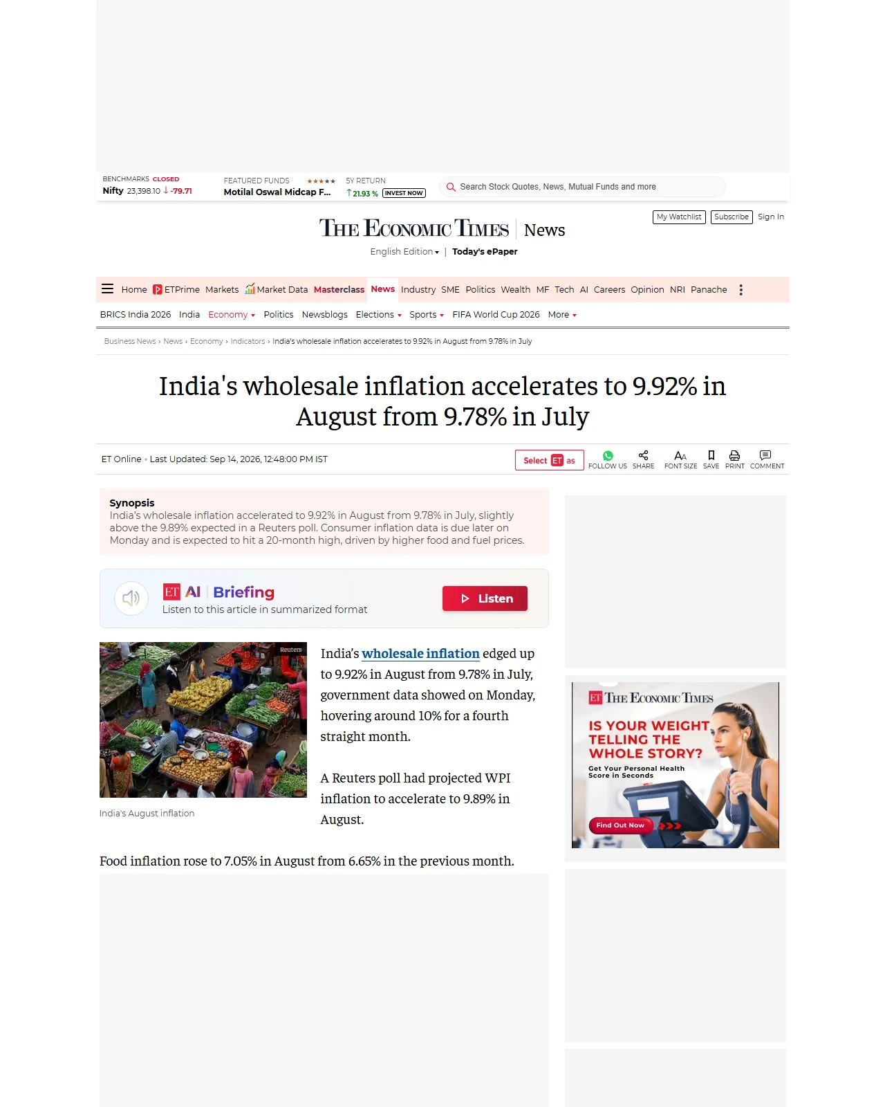 economictimes.com as published: India's wholesale inflation accelerates to 9.92% in August from 9.78% in July