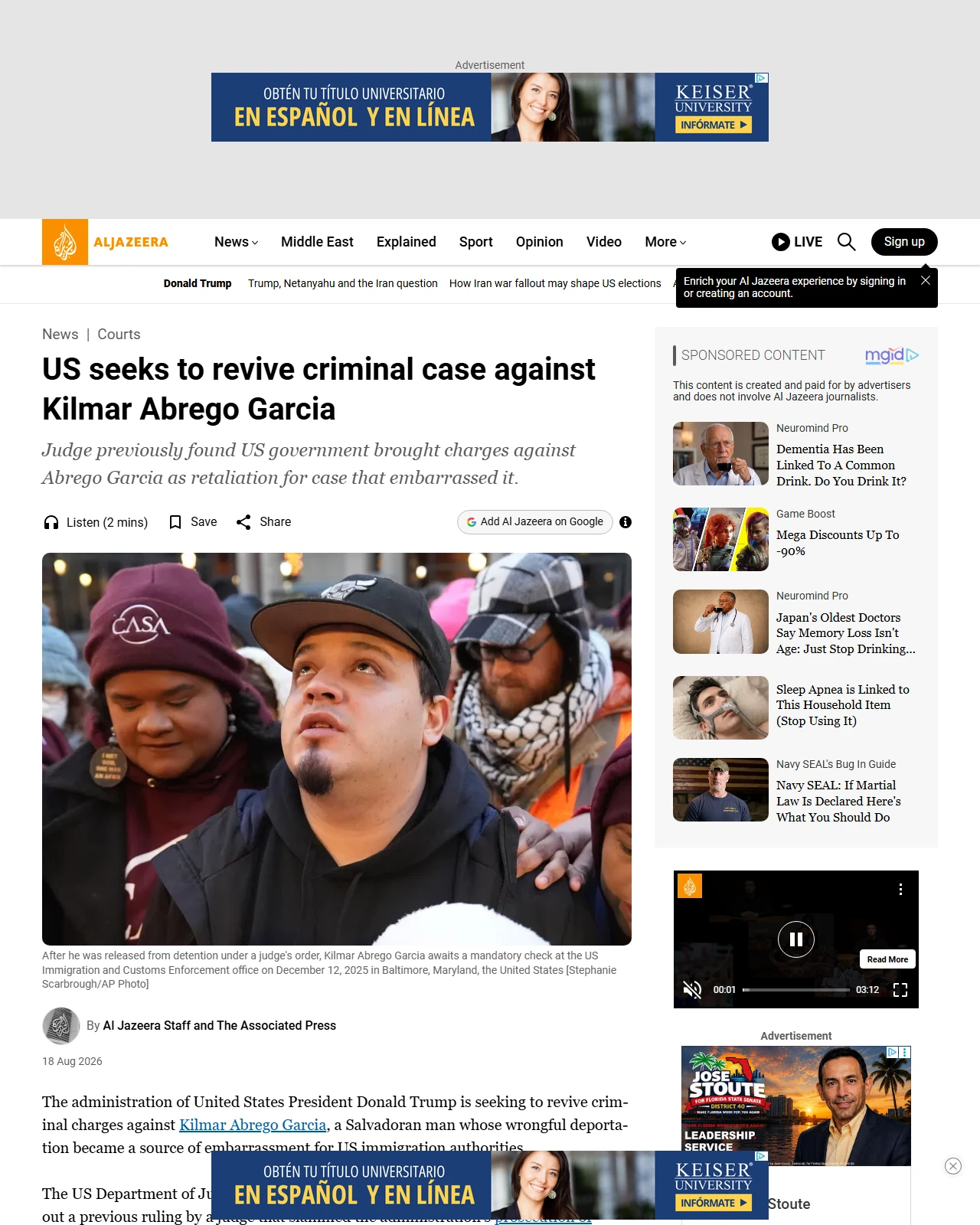 aljazeera.com as published: US seeks to revive criminal case against Kilmar Abrego Garcia
