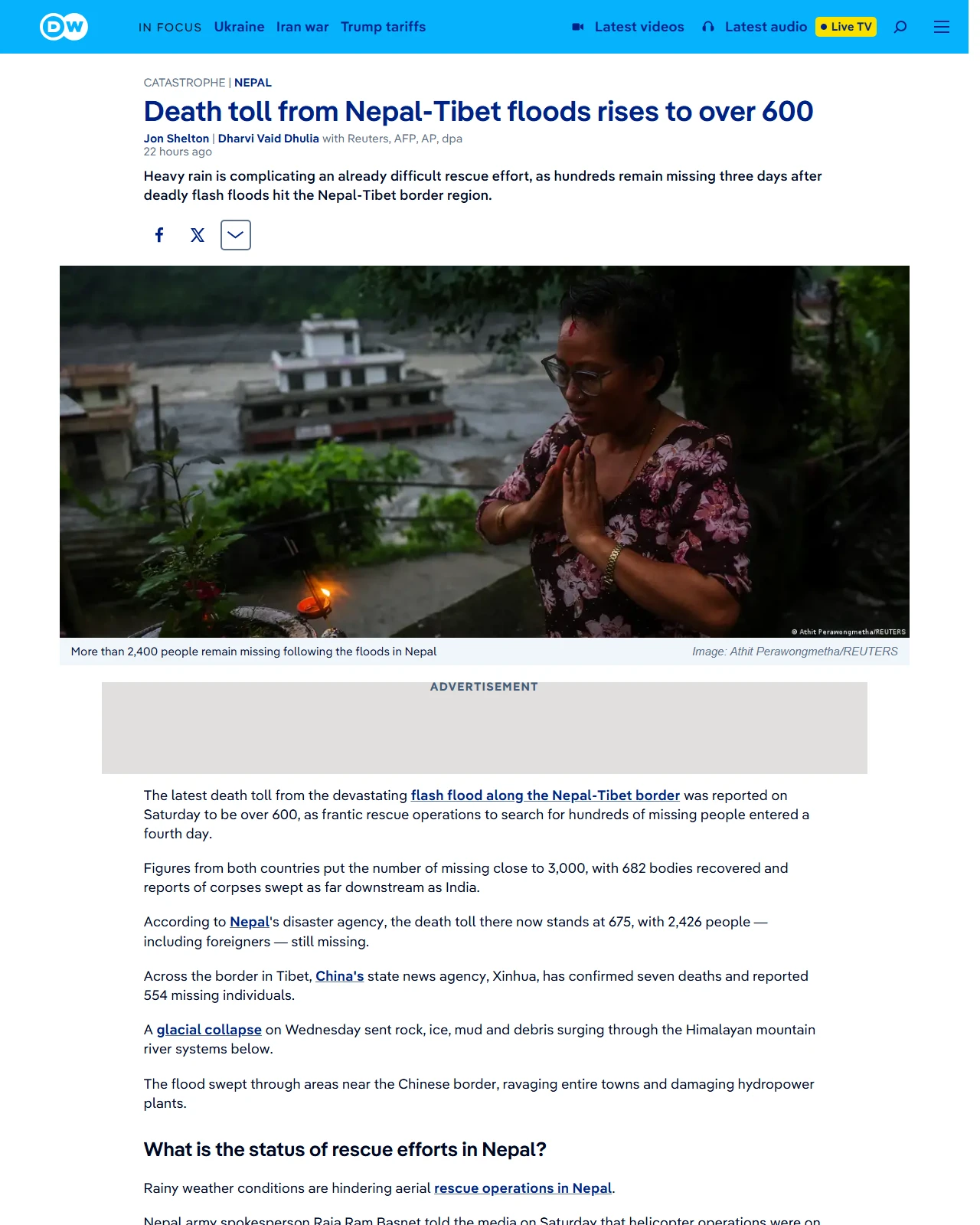 dw.com as published: Death toll from Nepal-Tibet floods rises to over 600