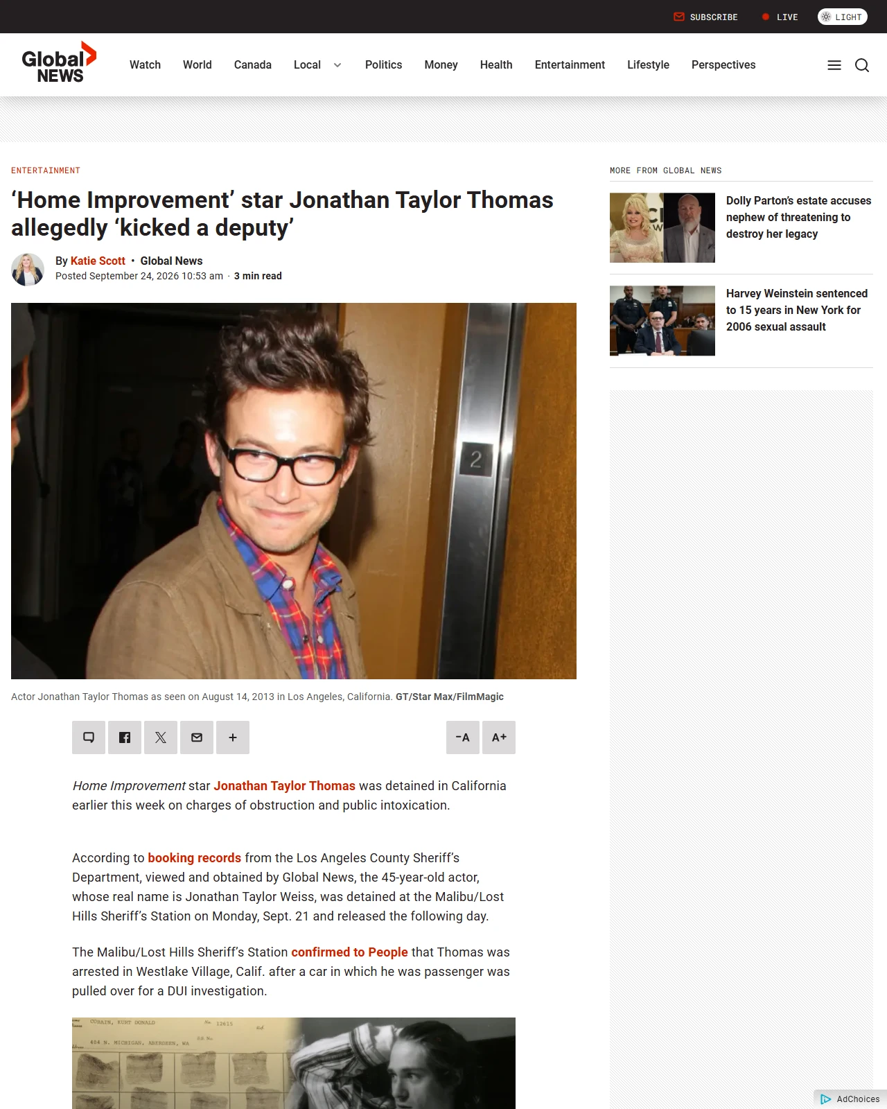 globalnews.ca as published: ‘Home Improvement’ star Jonathan Taylor Thomas allegedly ‘kicked a deputy’