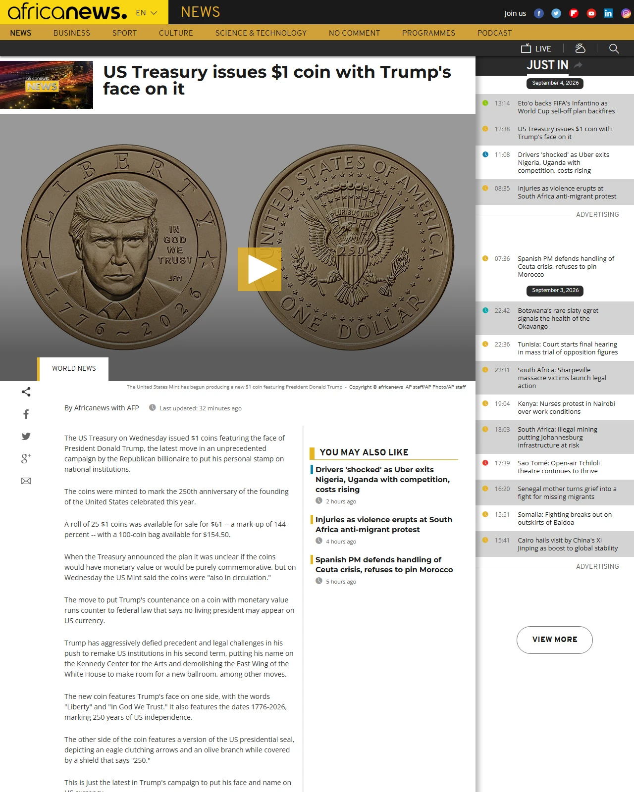africanews.com as published: US Treasury issues $1 coin with Trump's face on it