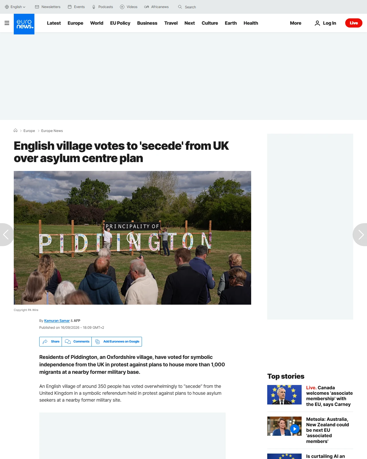 euronews.com as published: English village votes to 'secede' from UK over asylum centre plan