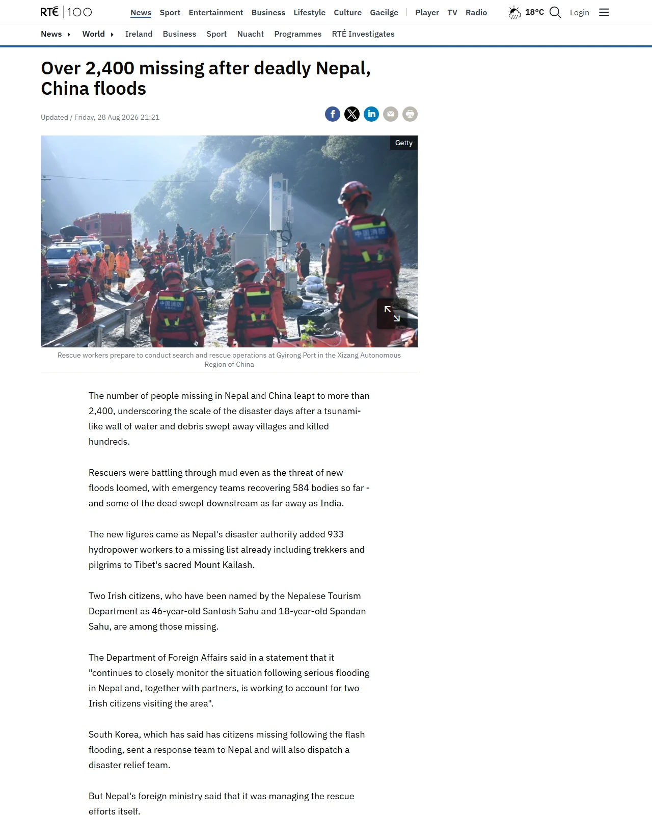 rte.ie as published: Over 2,400 missing after deadly Nepal, China floods