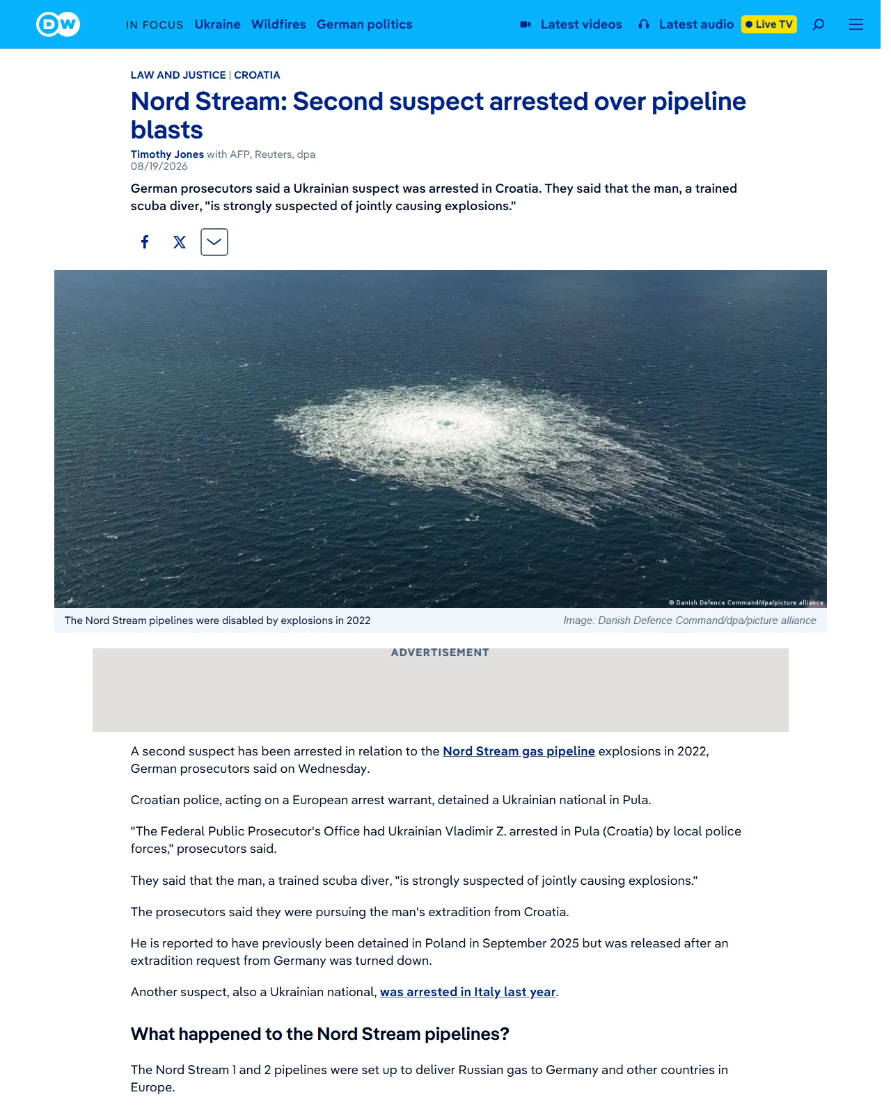 dw.com as published: Nord Stream: Second suspect arrested over pipeline blasts