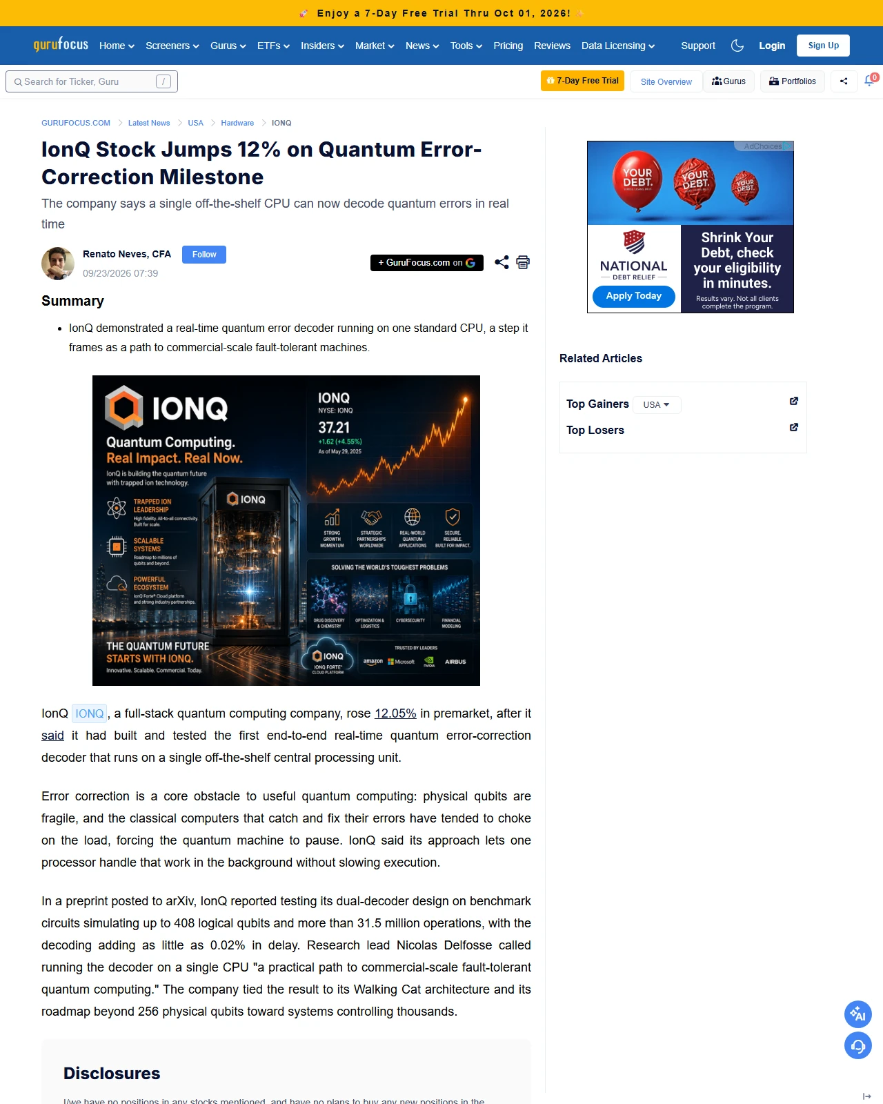 gurufocus.com as published: IonQ Stock Jumps 12% on Quantum Error-Correction Milestone