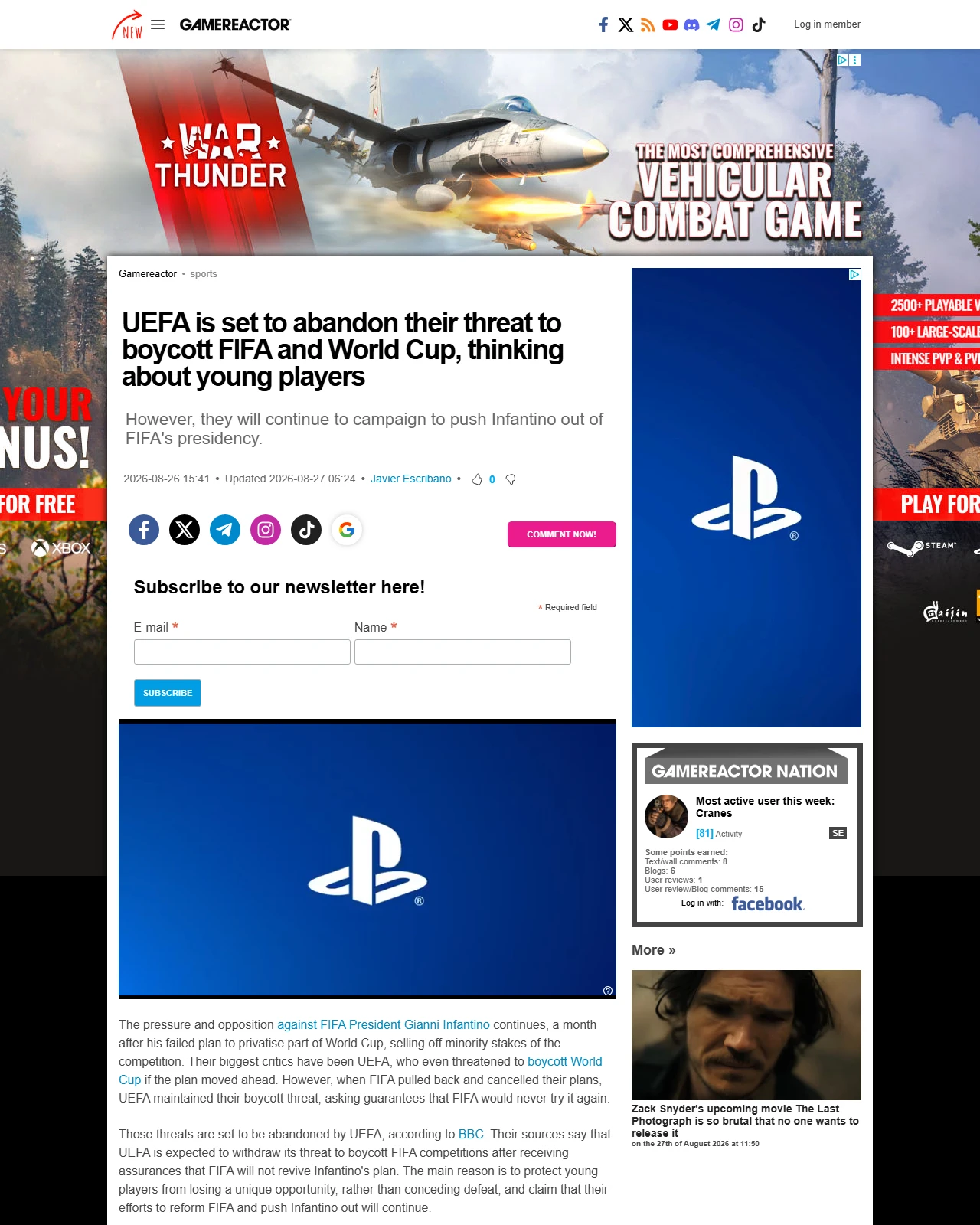 gamereactor.eu as published: UEFA is set to abandon their threat to boycott FIFA and World Cup, thinking about young players