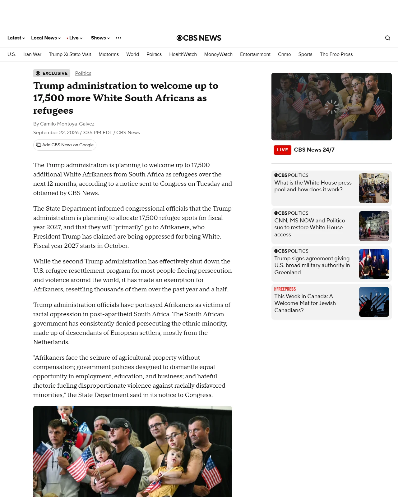 cbsnews.com as published: Trump administration to welcome up to 17,500 more White South Africans as refugees