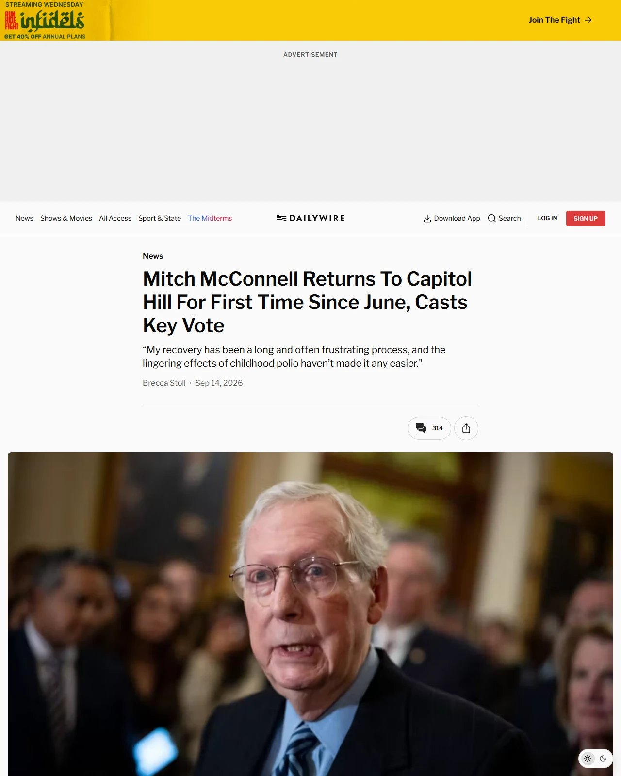 dailywire.com as published: Mitch McConnell Returns To Capitol Hill For First Time Since June, Casts Key Vote