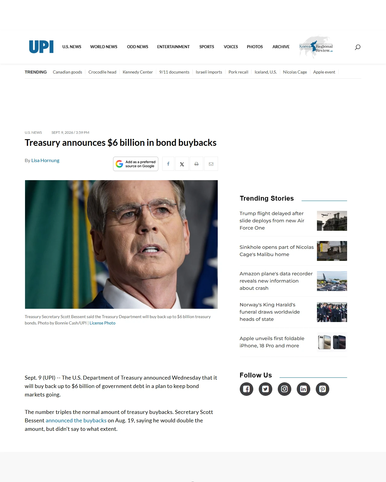 upi.com as published: Treasury announces $6 billion in bond buybacks