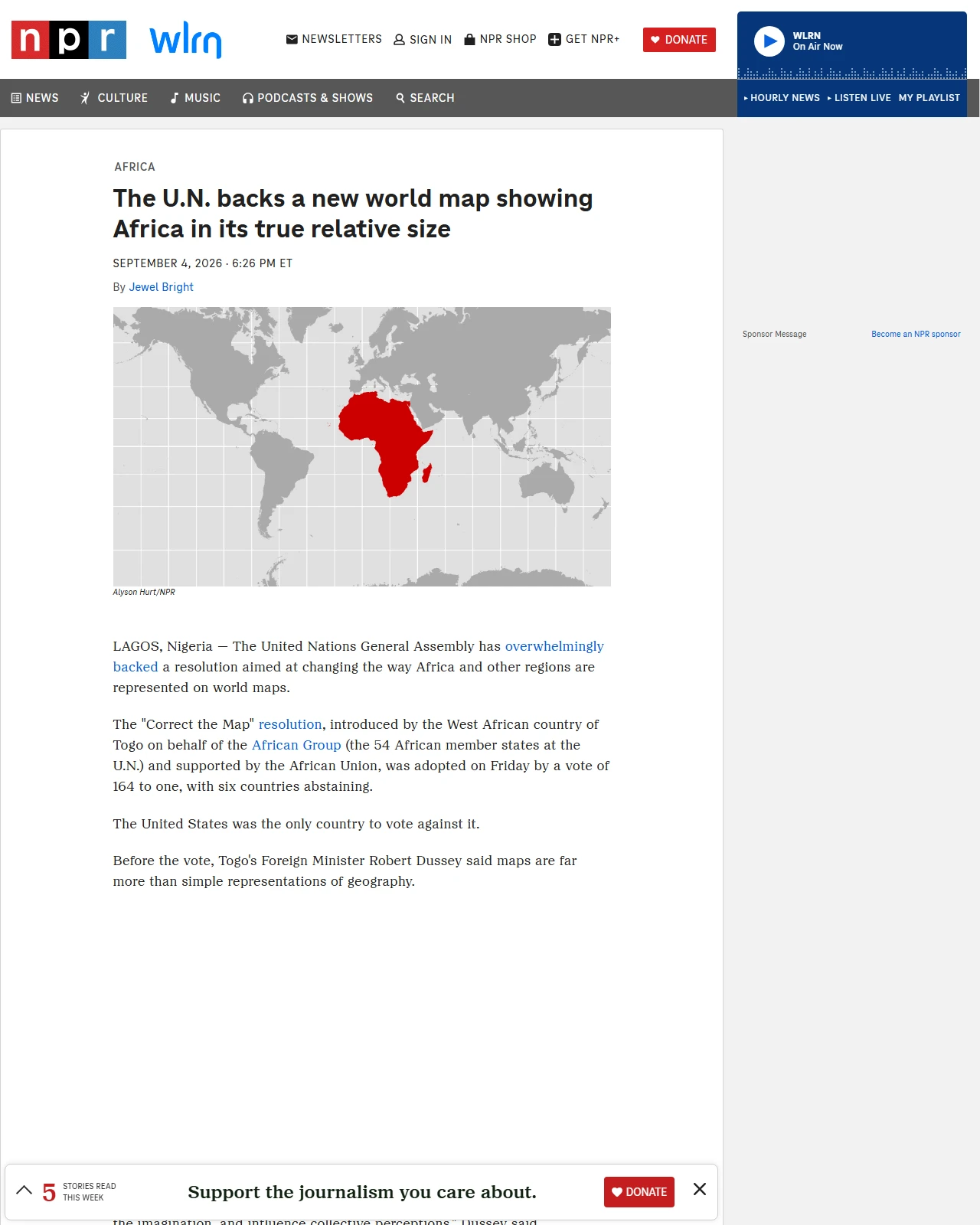 npr.org as published: The U.N. backs a new world map showing Africa in its true relative size