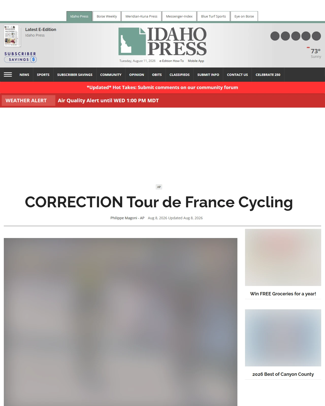 idahopress.com as published: CORRECTION Tour de France Cycling