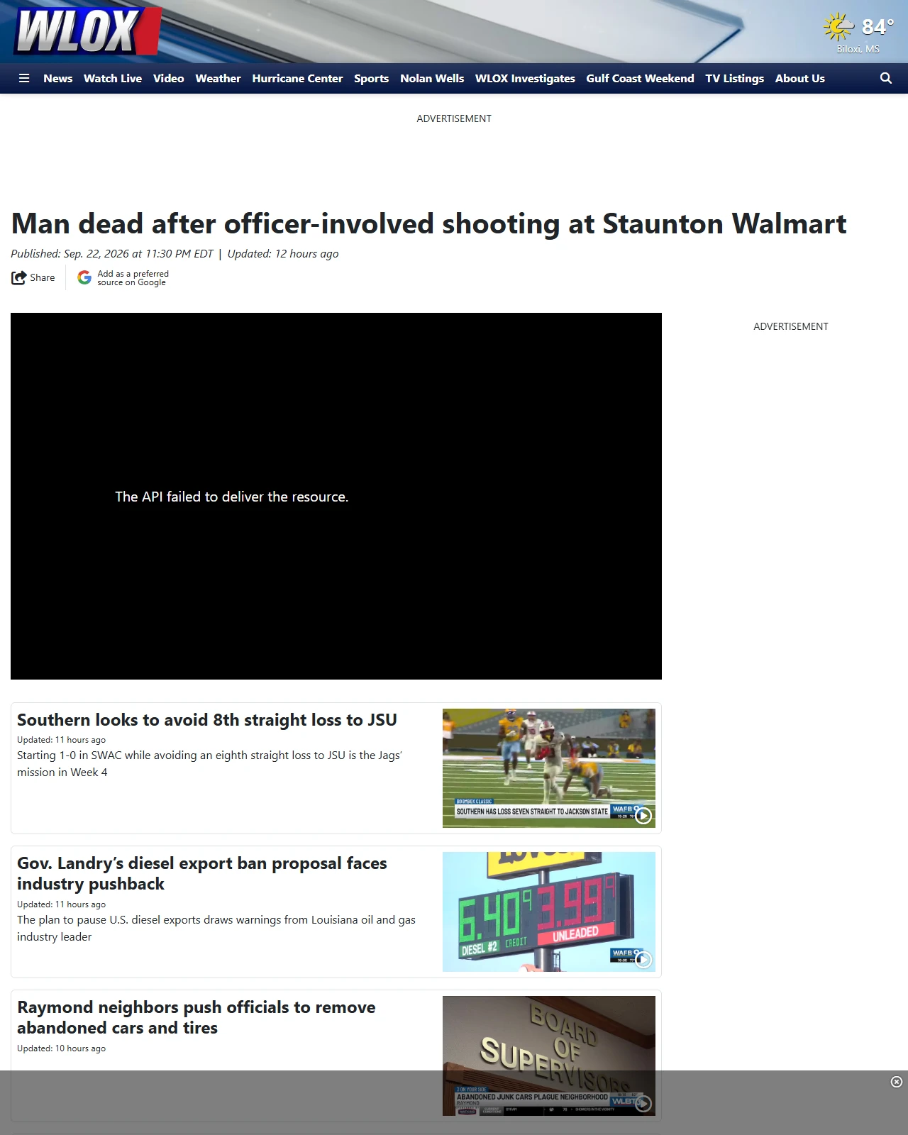 wlox.com as published: Man dead after officer-involved shooting at Staunton Walmart