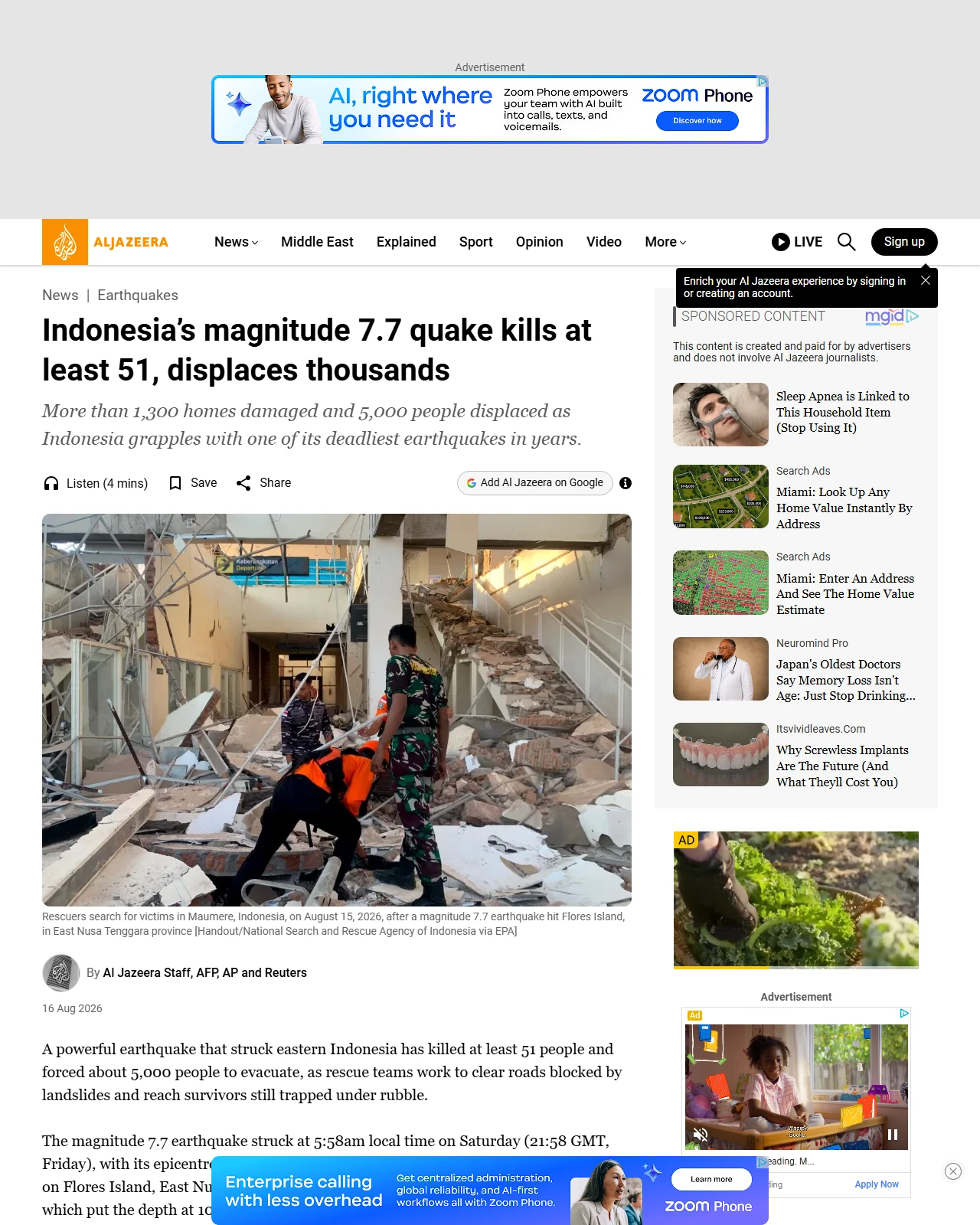 aljazeera.com as published: Indonesia’s magnitude 7.7 quake kills at least 51, displaces thousands