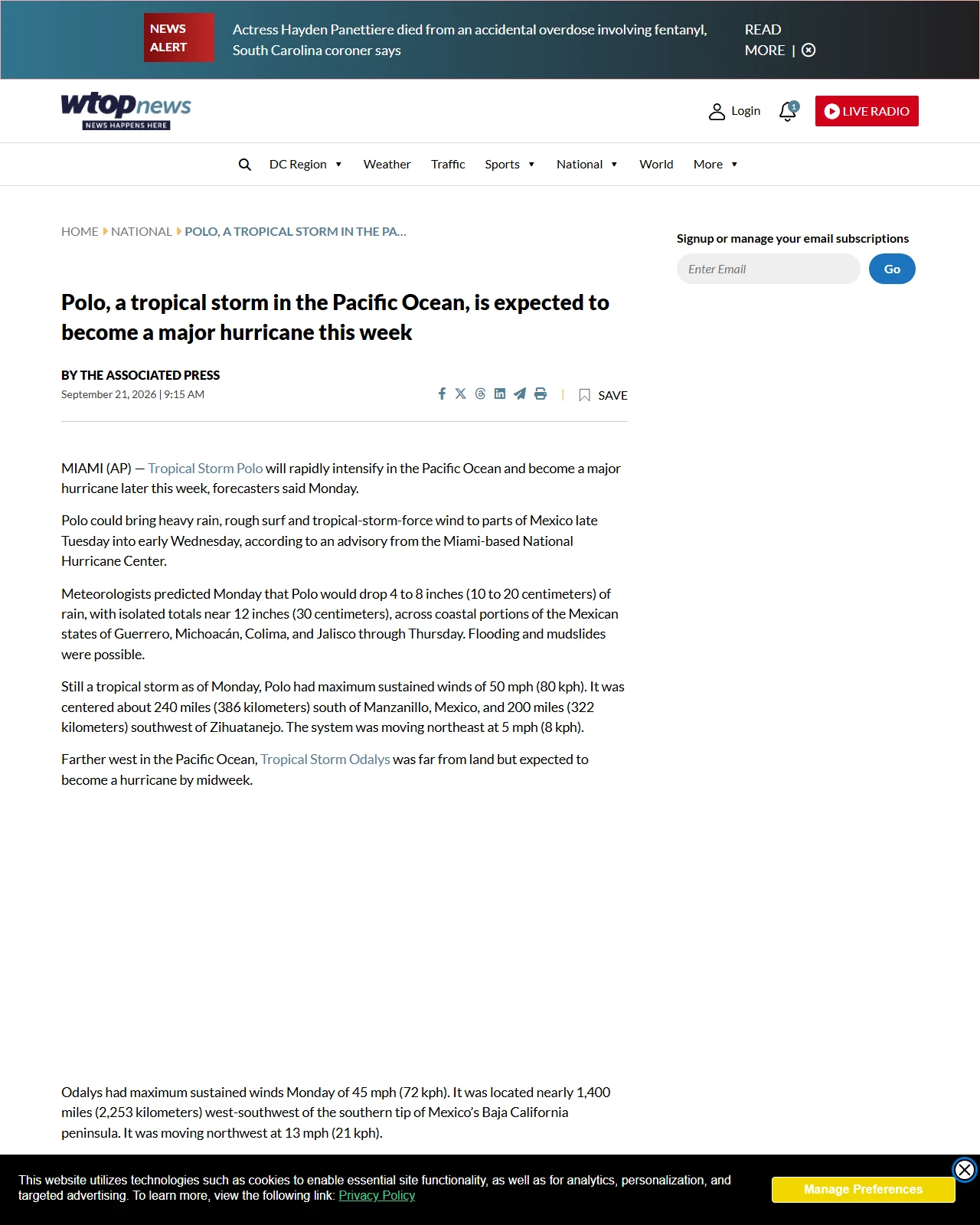 wtop.com as published: Polo, a tropical storm in the Pacific Ocean, is expected to become a major hurricane this week