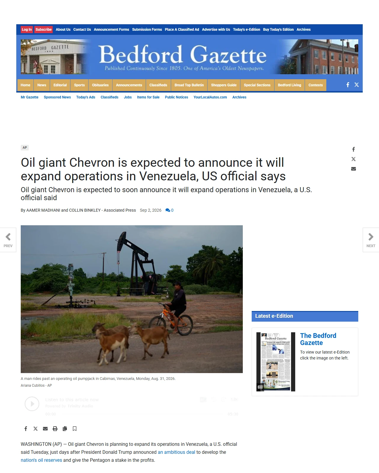 bedfordgazette.com as published: Oil giant Chevron is expected to announce it will expand operations in Venezuela, US official says