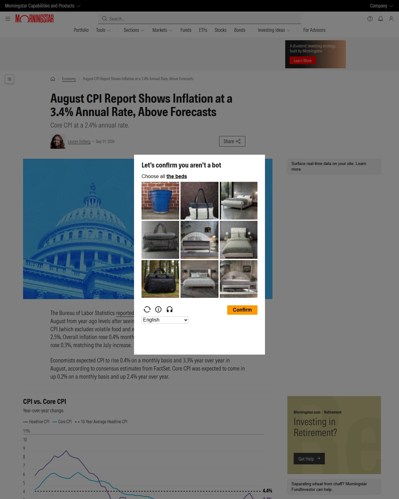 morningstar.com as published: August CPI Report Shows Inflation at a 3.4% Annual Rate, Above Forecasts