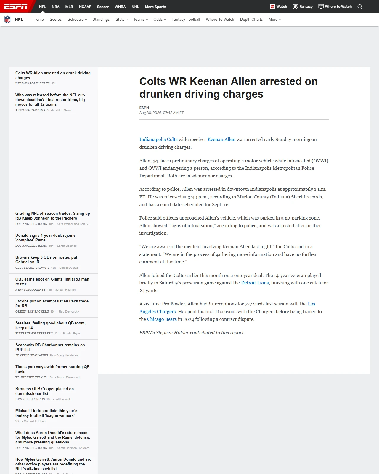espn.com as published: Colts WR Keenan Allen arrested on drunken driving charges