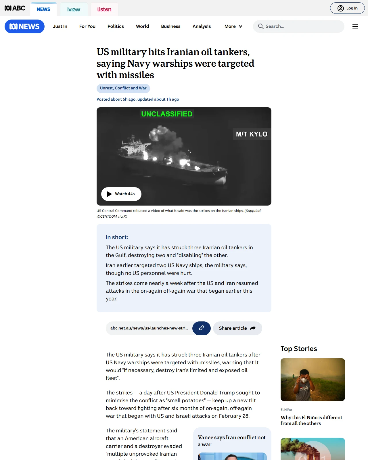 abc.net.au as published: US launches new strikes in Gulf, hitting three Iranian oil tankers