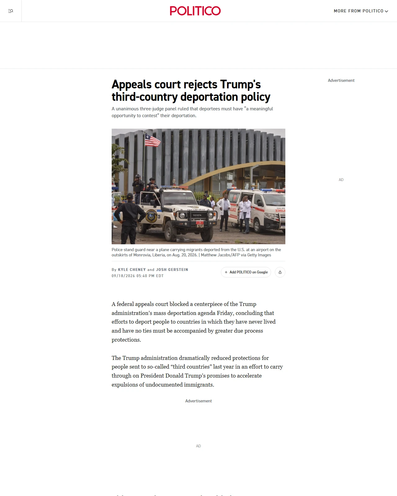 politico.com as published: Appeals court rejects Trump's third-country deportation policy