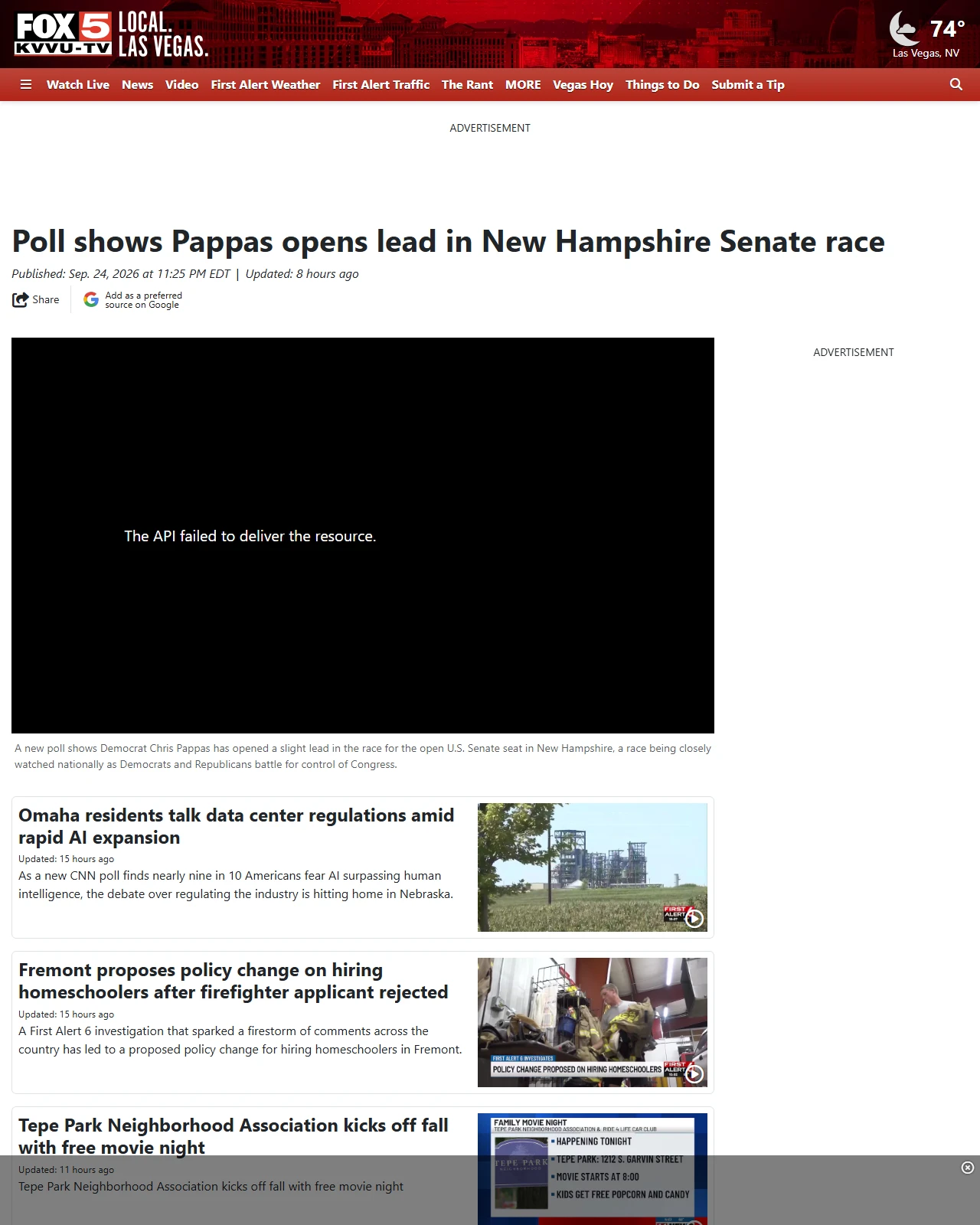 fox5vegas.com as published: Poll shows Pappas opens lead in New Hampshire Senate race