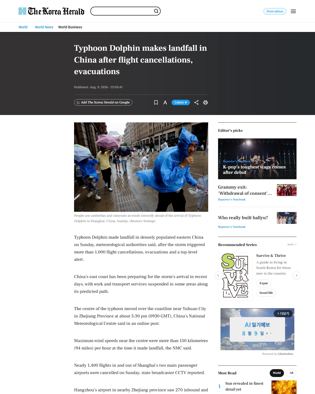 koreaherald.com as published: Typhoon Dolphin makes landfall in China after flight cancellations, evacuations