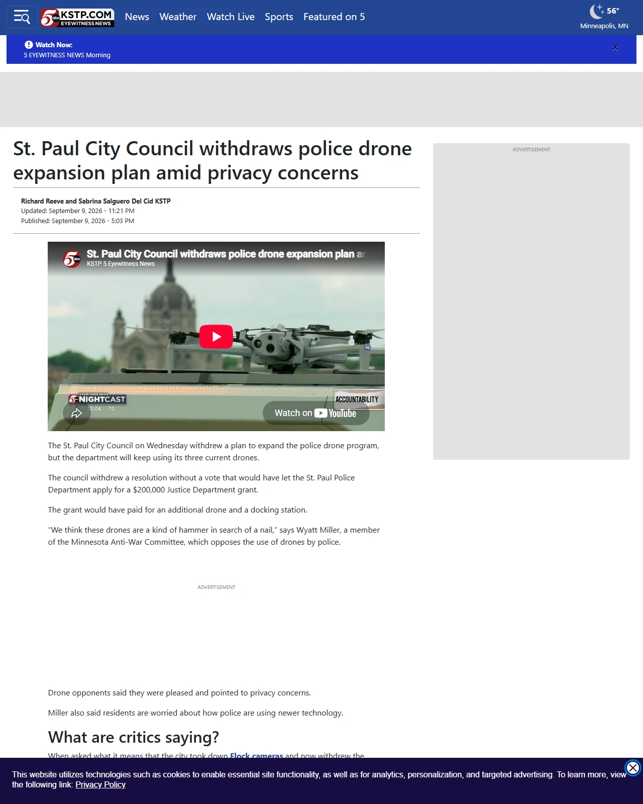 kstp.com as published: St. Paul City Council withdraws police drone expansion plan amid privacy concerns