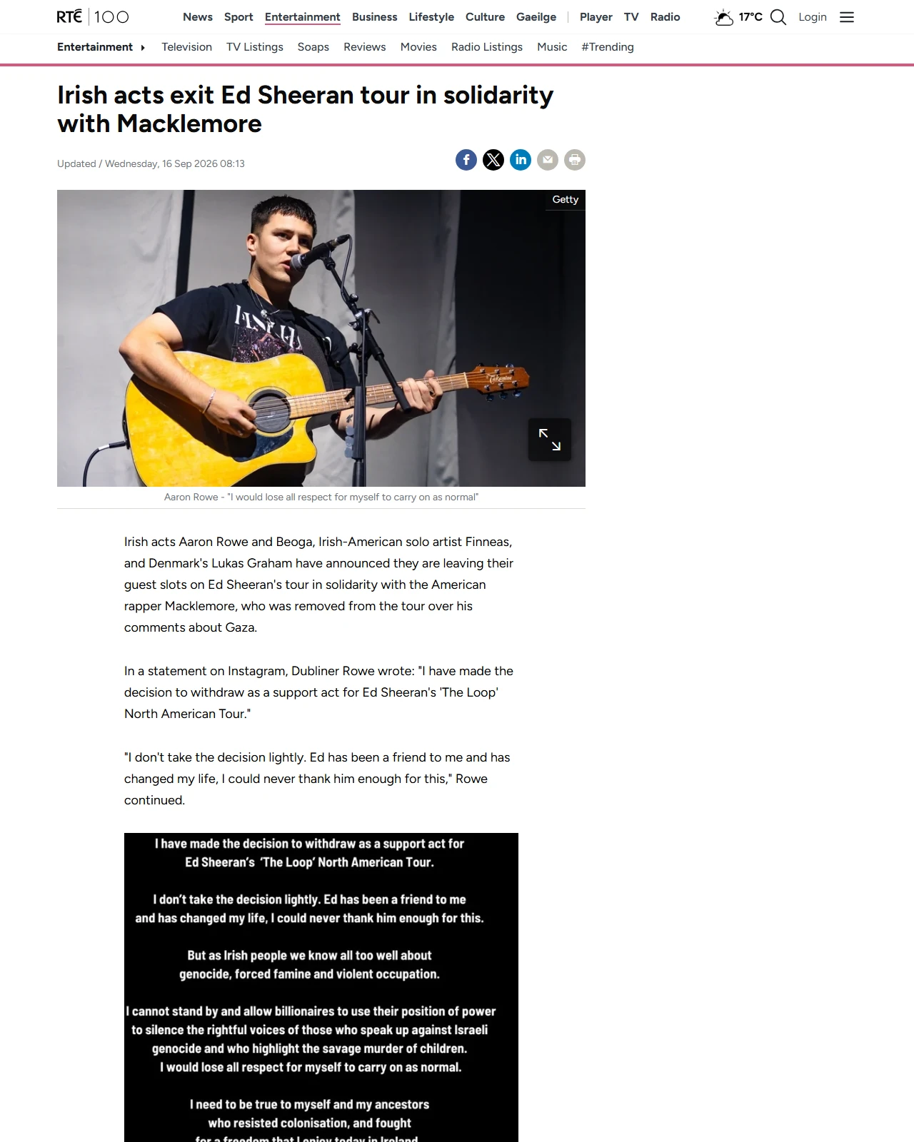 rte.ie as published: Irish acts exit Ed Sheeran tour as they back Macklemore