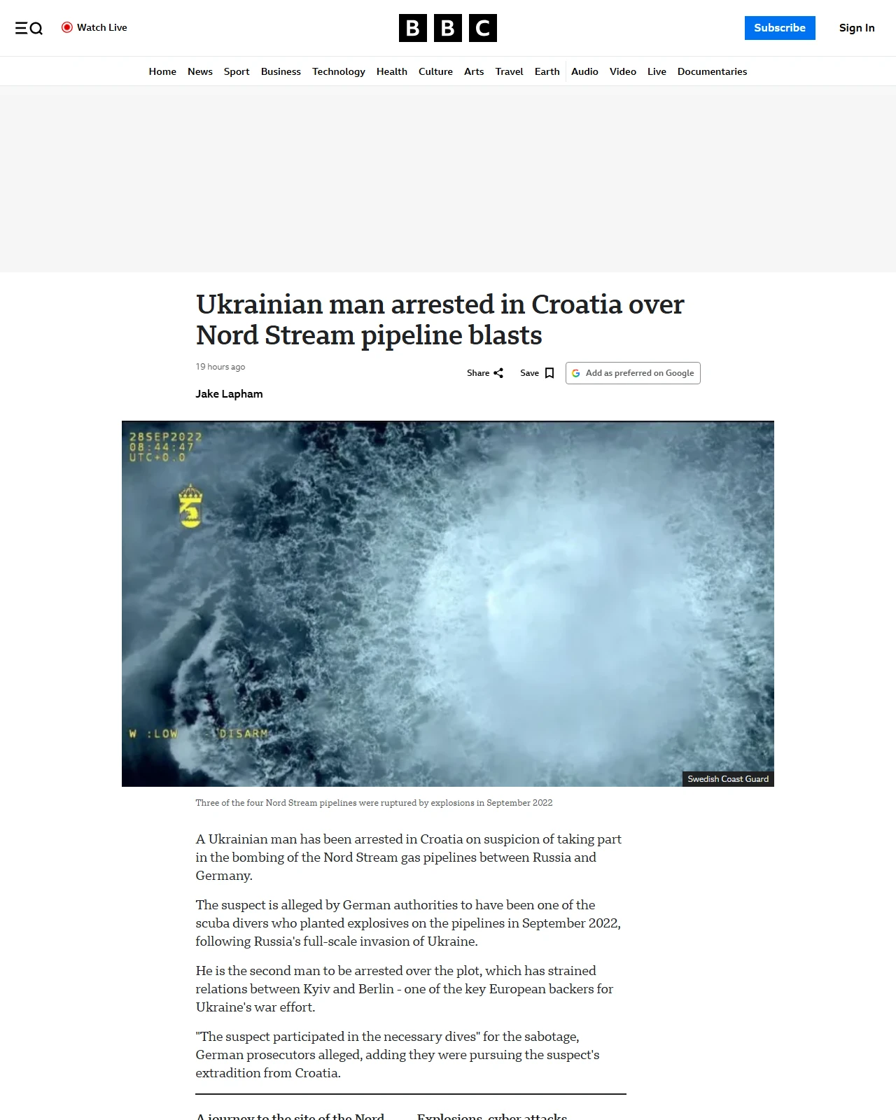 bbc.co.uk as published: Ukrainian man arrested in Croatia over Nord Stream pipeline blasts