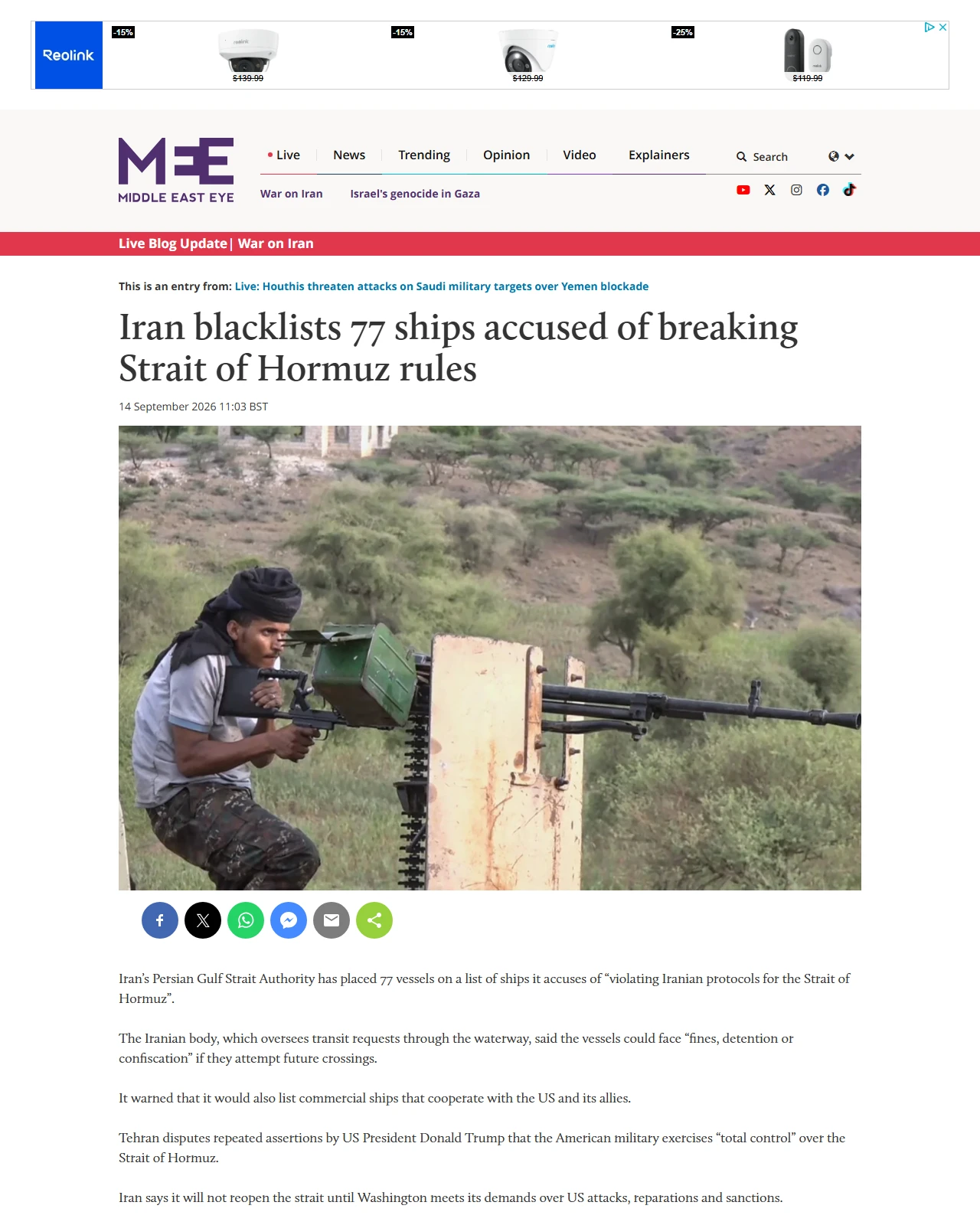 middleeasteye.net as published: Iran blacklists 77 ships accused of breaking Strait of Hormuz rules