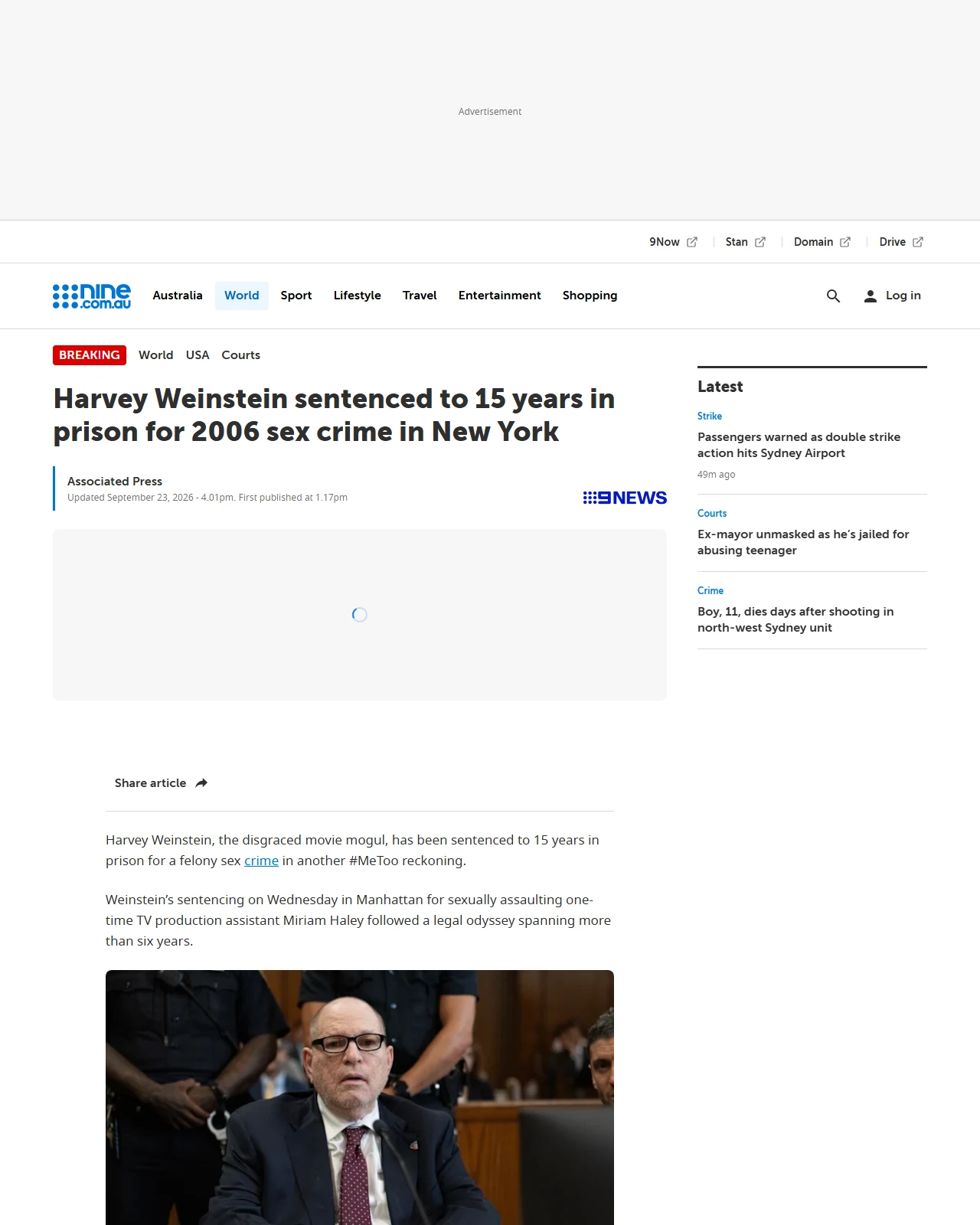 nine.com.au as published: Harvey Weinstein sentenced to 15 years in prison for 2006 sex crime in New York