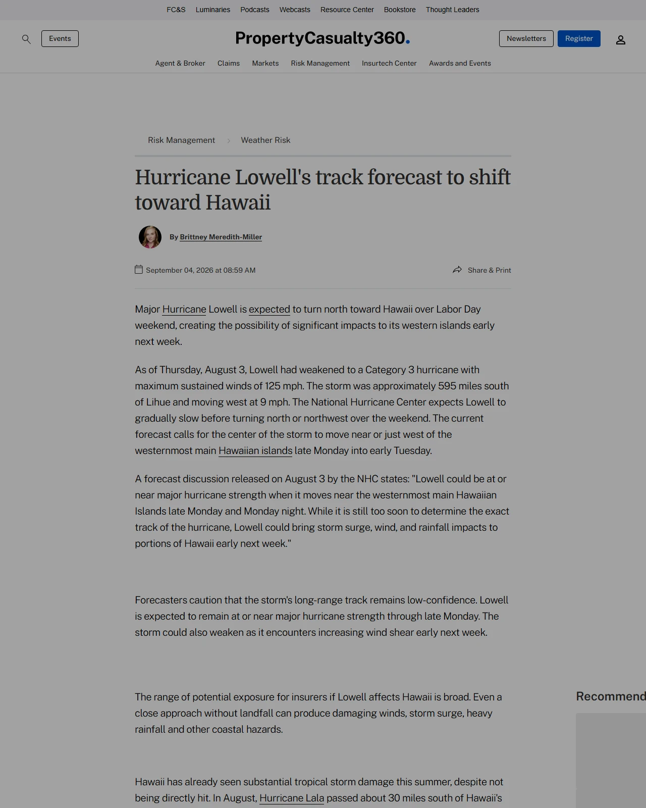 propertycasualty360.com as published: Hurricane Lowell's track forecast to shift toward Hawaii