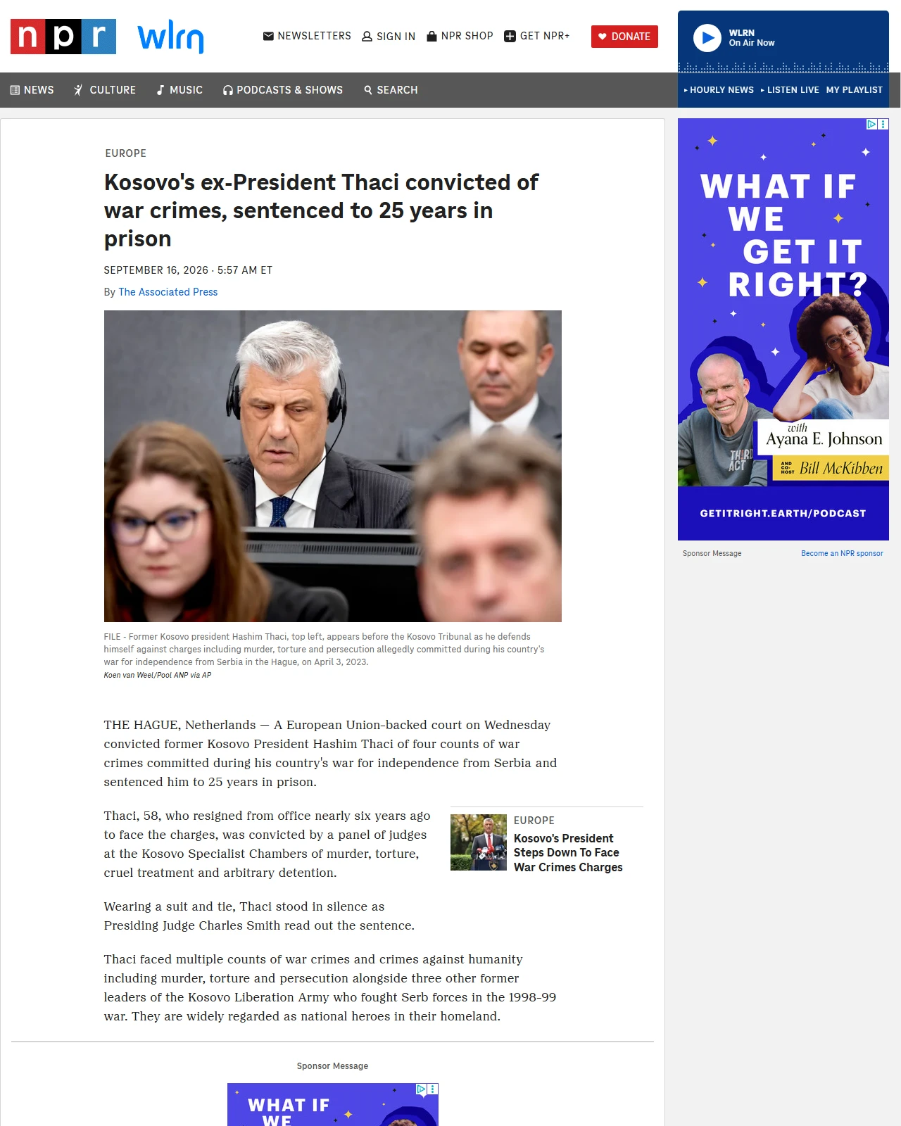 npr.org as published: Kosovo's ex-President Thaci convicted of war crimes, sentenced to 25 years in prison
