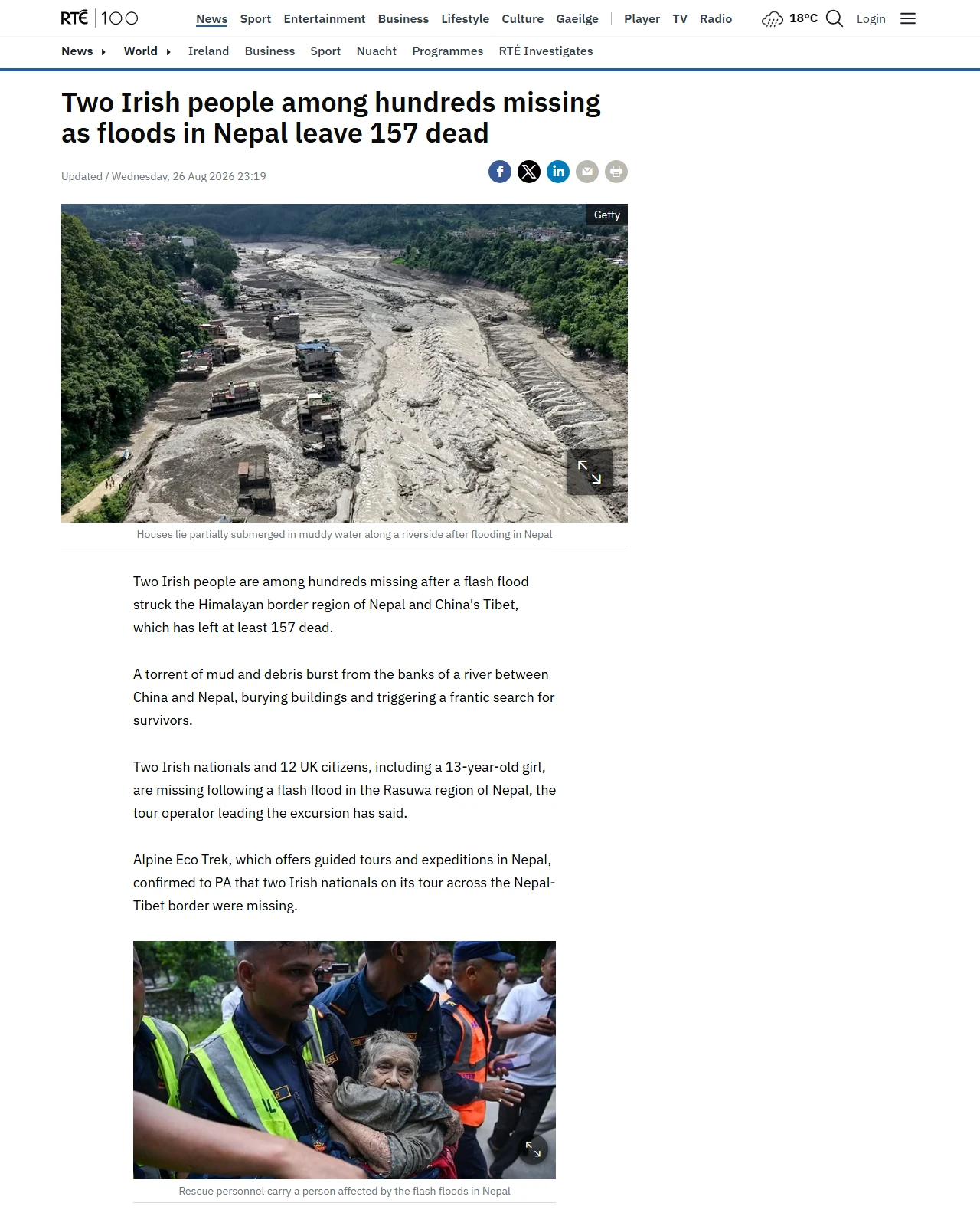 rte.ie as published: Two Irish among missing as Nepal floods leave 157 dead