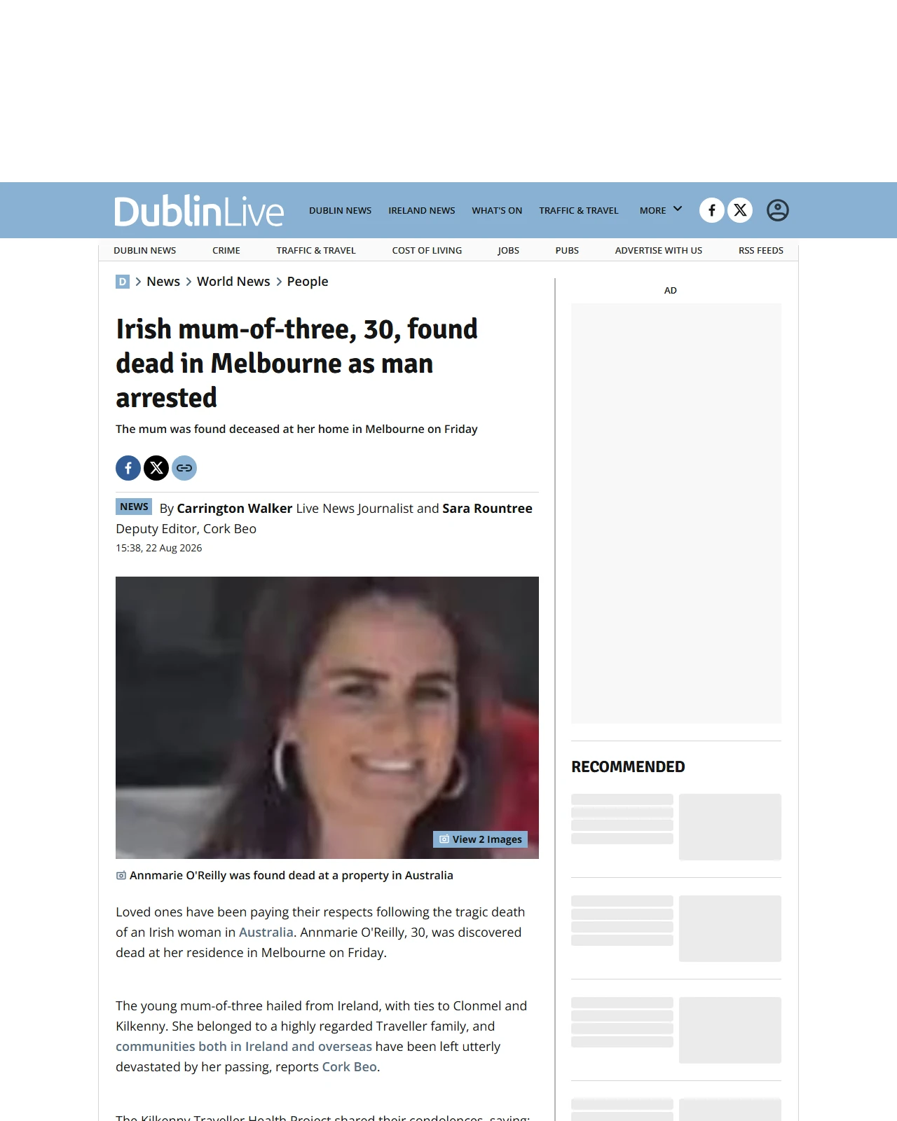 dublinlive.ie as published: Irish mum-of-three, 30, found dead in Melbourne as man arrested