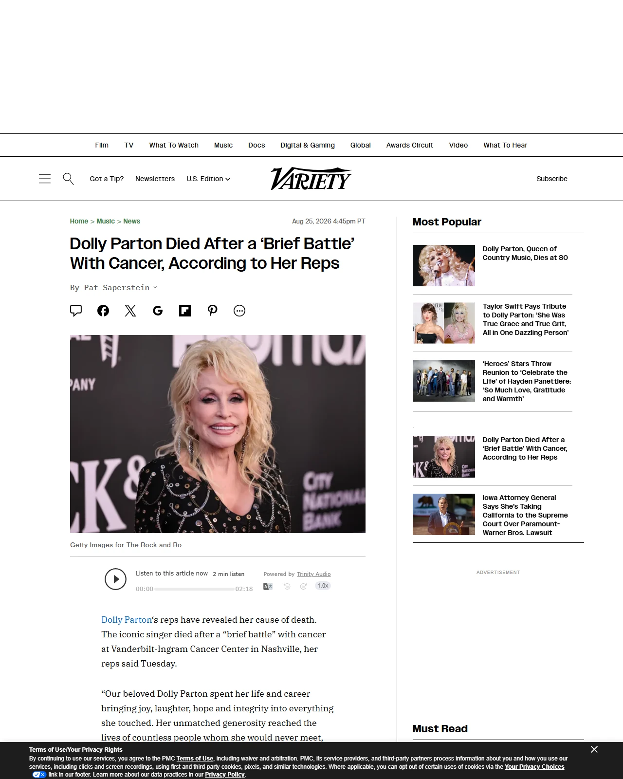 variety.com as published: Dolly Parton Died After a ‘Brief Battle’ With Cancer, According to Her Reps
