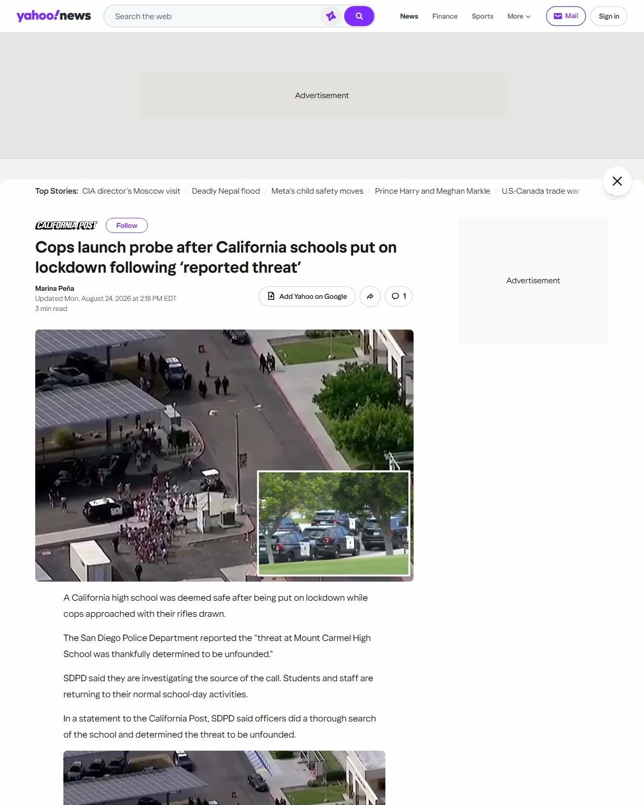 yahoo.com as published: Mt. Carmel High School in lockdown as San Diego police secure campus
