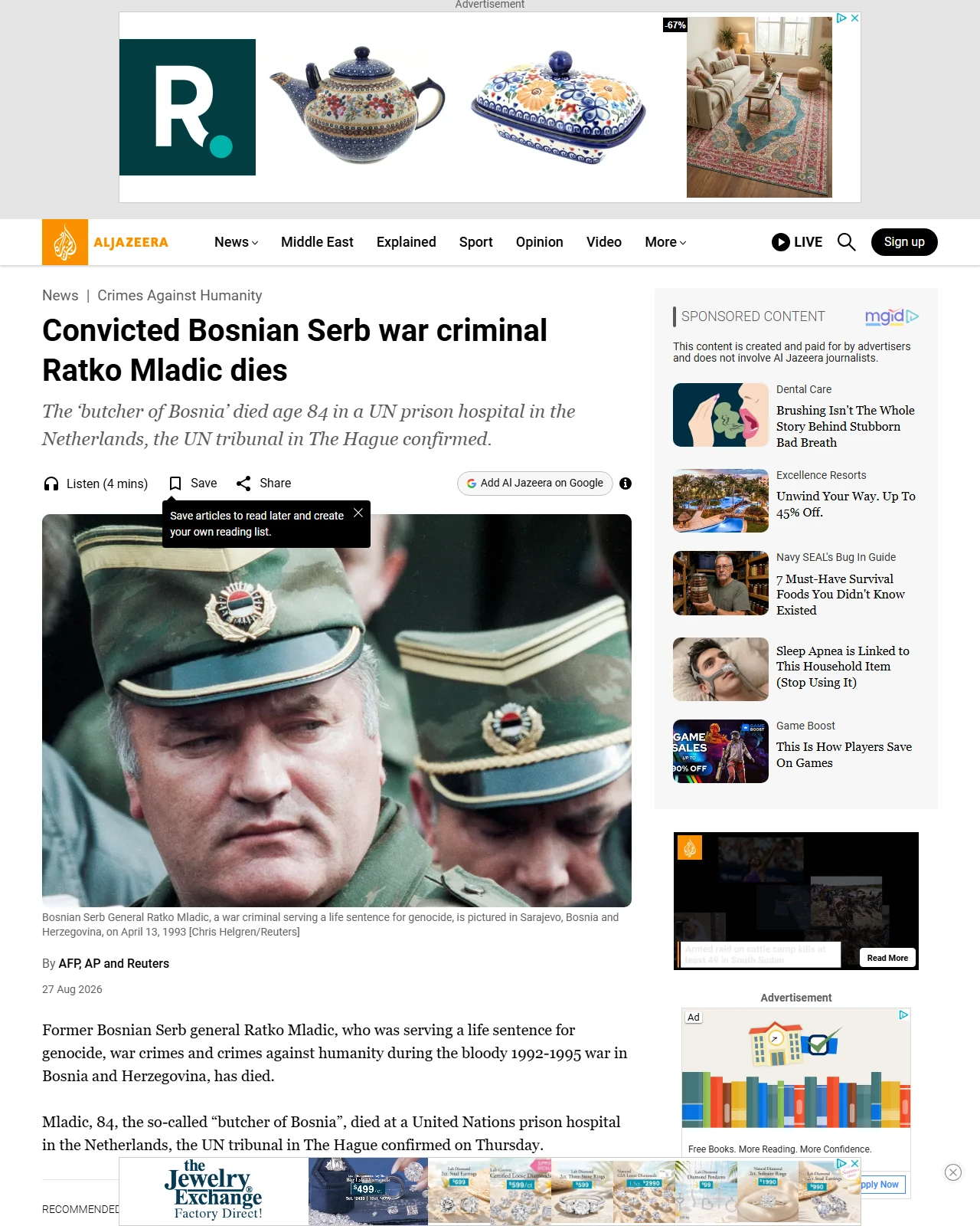 aljazeera.com as published: Convicted Bosnian Serb war criminal Ratko Mladic dies
