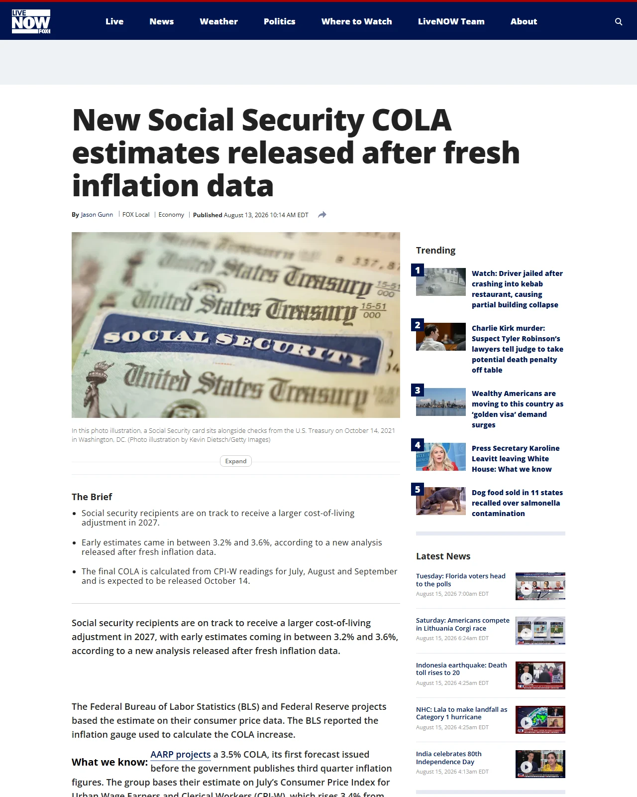 livenowfox.com as published: New Social Security COLA estimates released after fresh inflation data