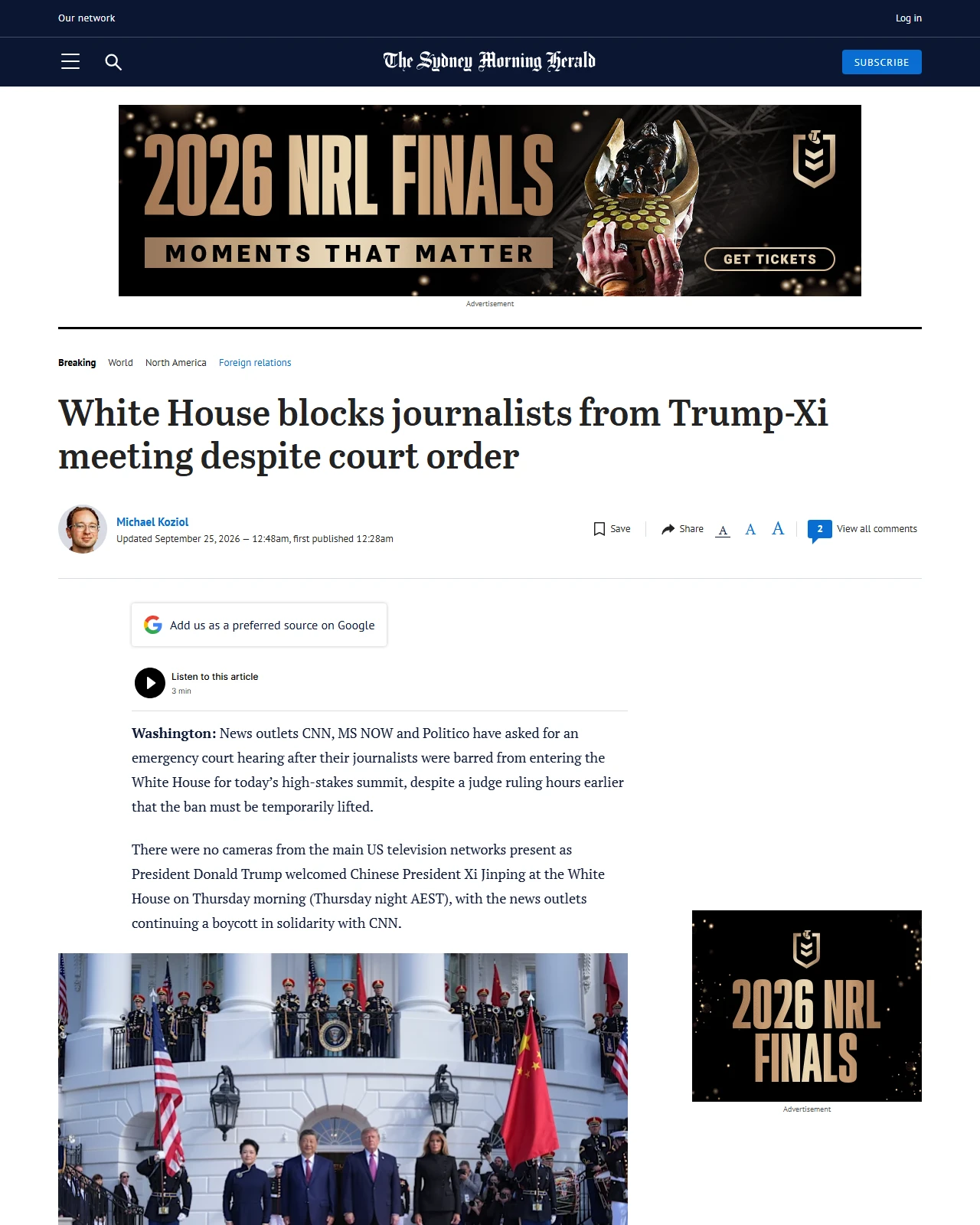 smh.com.au as published: White House blocks journalists from Trump-Xi meeting despite court order