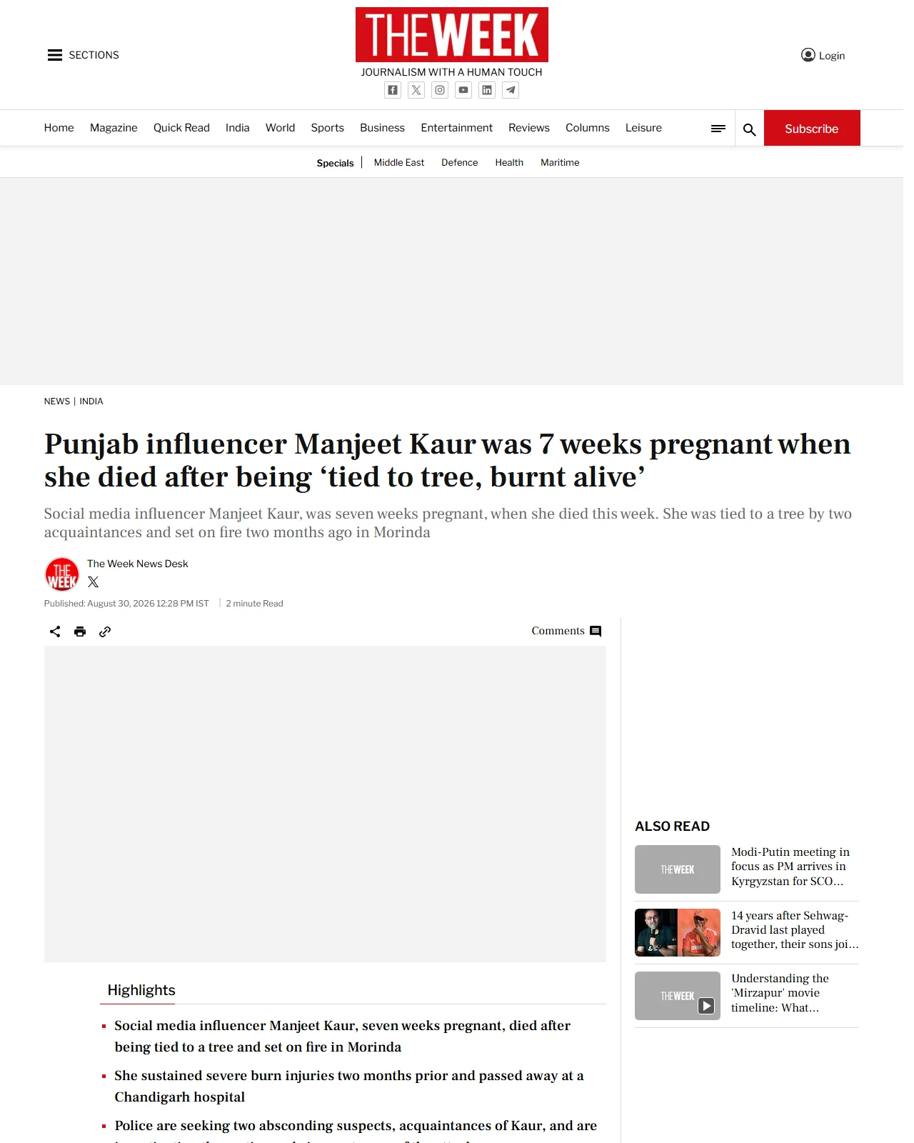 theweek.in as published: Punjab influencer Manjeet Kaur was 7 weeks pregnant when she died after being ‘tied to tree, burnt alive’