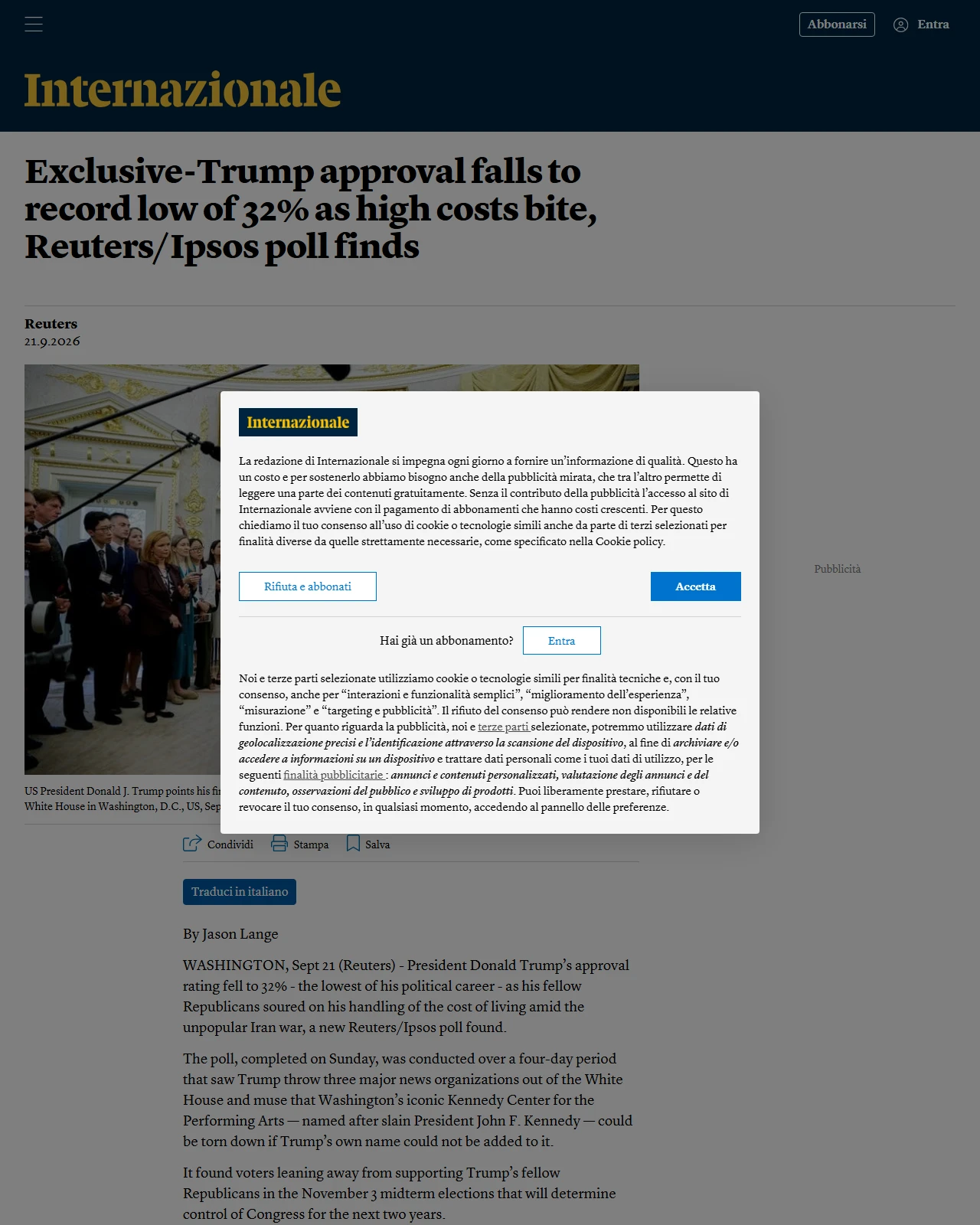 internazionale.it as published: Exclusive-Trump approval falls to record low of 32% as high costs bite, Reuters/Ipsos poll finds