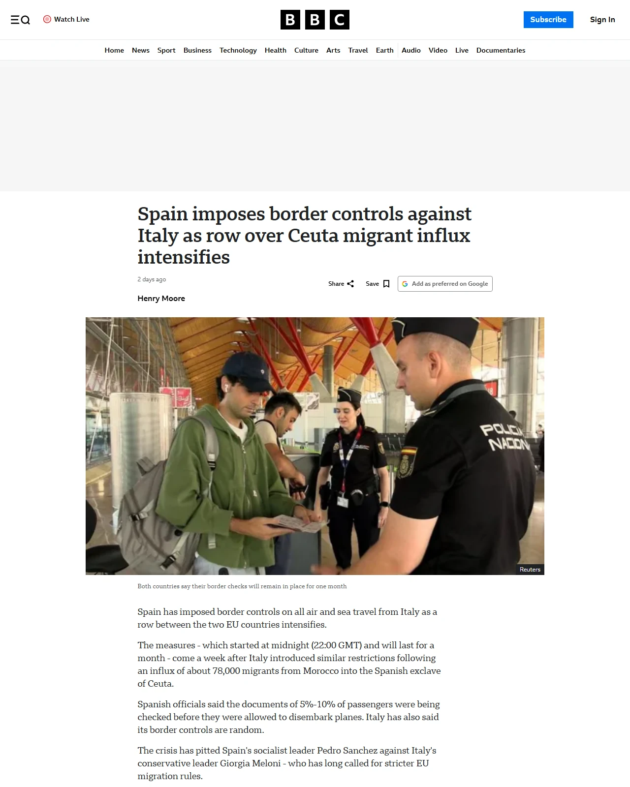 bbc.co.uk as published: Spain to impose border controls against Italy as row over Ceuta migrant influx intensifies