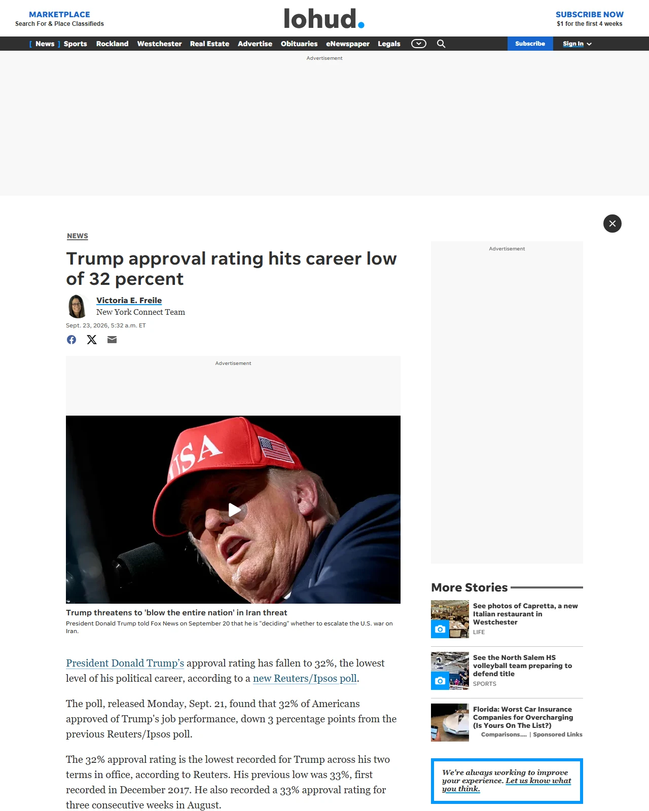 lohud.com as published: Trump approval rating hits career low of 32 percent