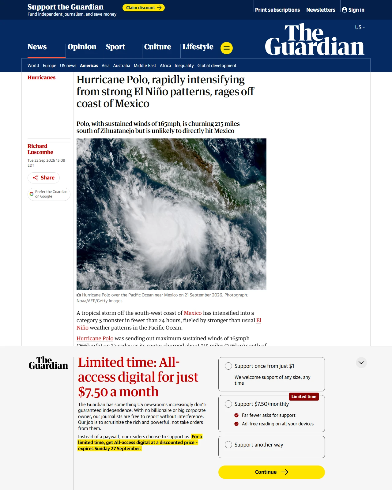 theguardian.com as published: Hurricane Polo, rapidly intensifying from strong El Niño patterns, rages off coast of Mexico