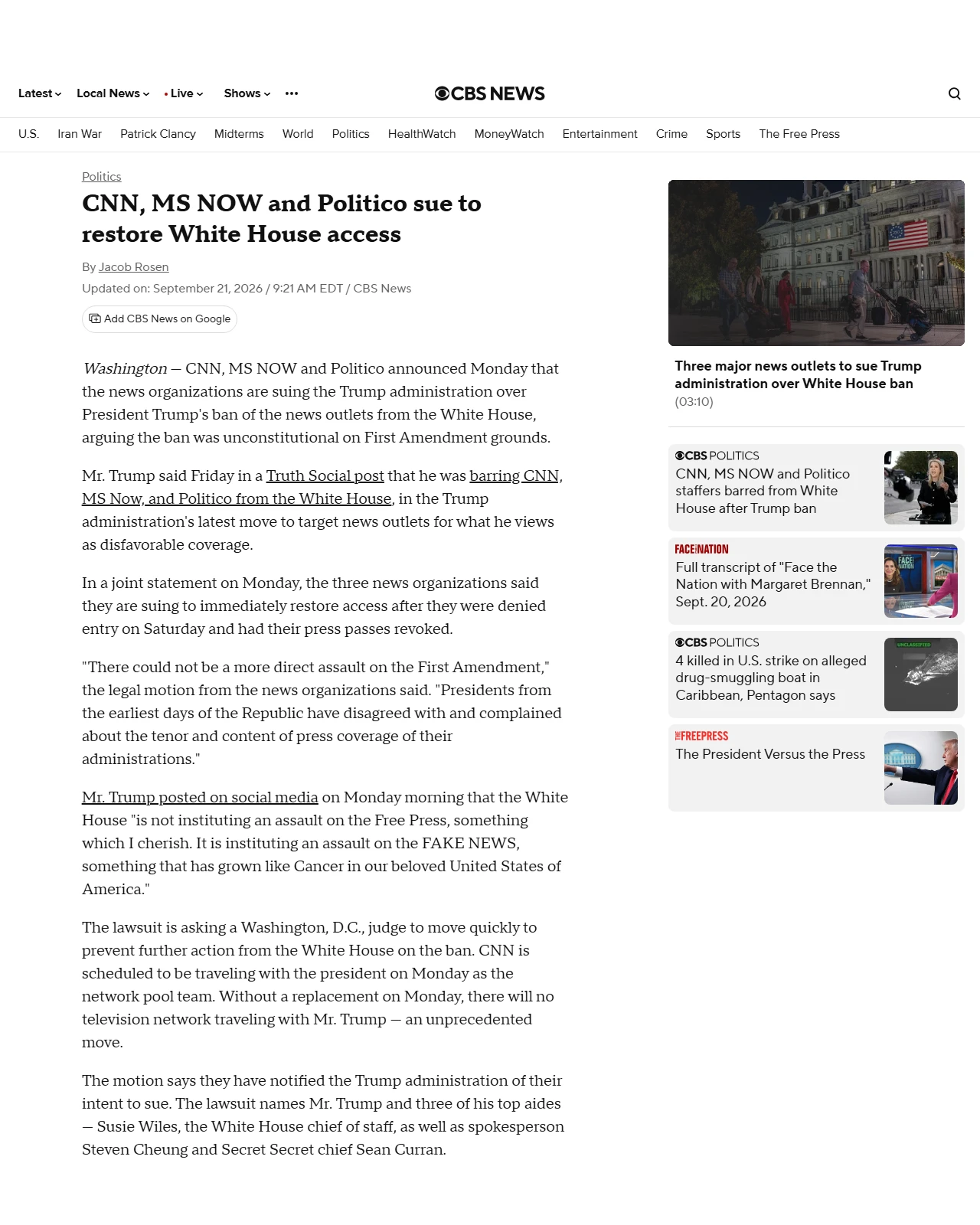 cbsnews.com as published: CNN, MS NOW and Politico sue to restore White House access