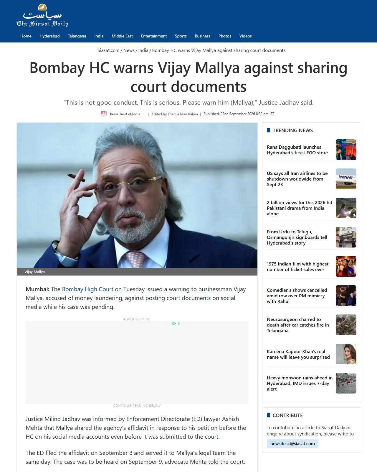 siasat.com as published: Bombay HC warns Vijay Mallya against sharing court documents