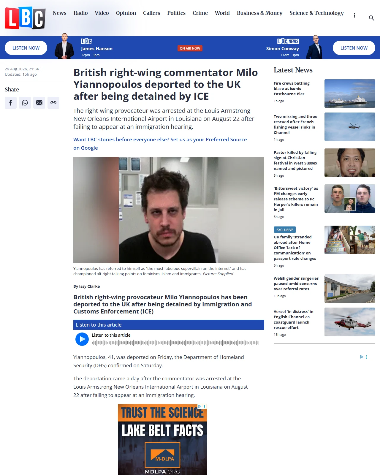lbc.co.uk as published: British right-wing commentator Milo Yiannopoulos deported to the UK after being detained by ICE